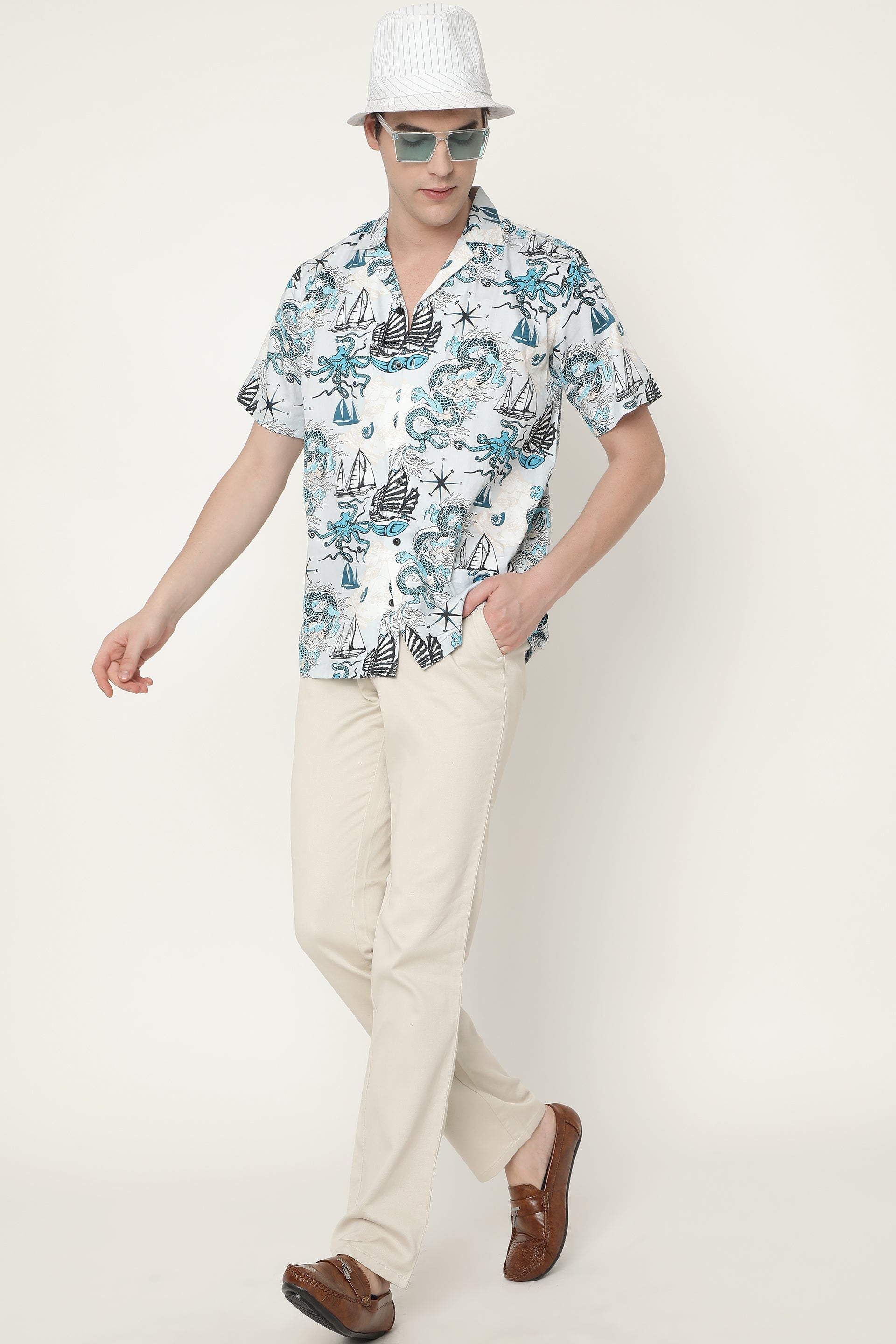 Pattern of Asian Dragon, Octopus and Sea Voyages Mens Printed Premium Cotton Shirt by Black Jack