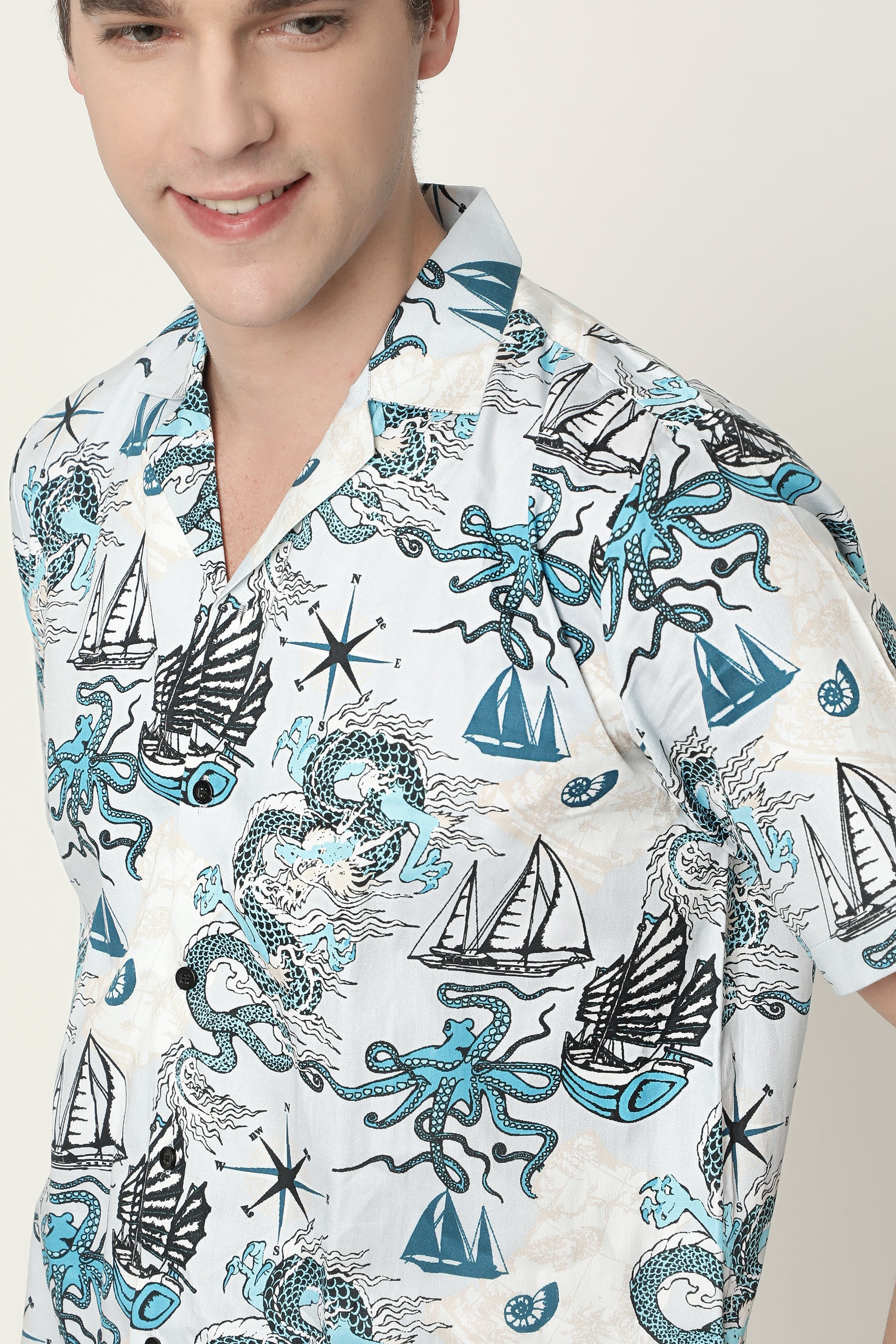 Pattern of Asian Dragon, Octopus and Sea Voyages Mens Printed Premium Cotton Shirt by Black Jack