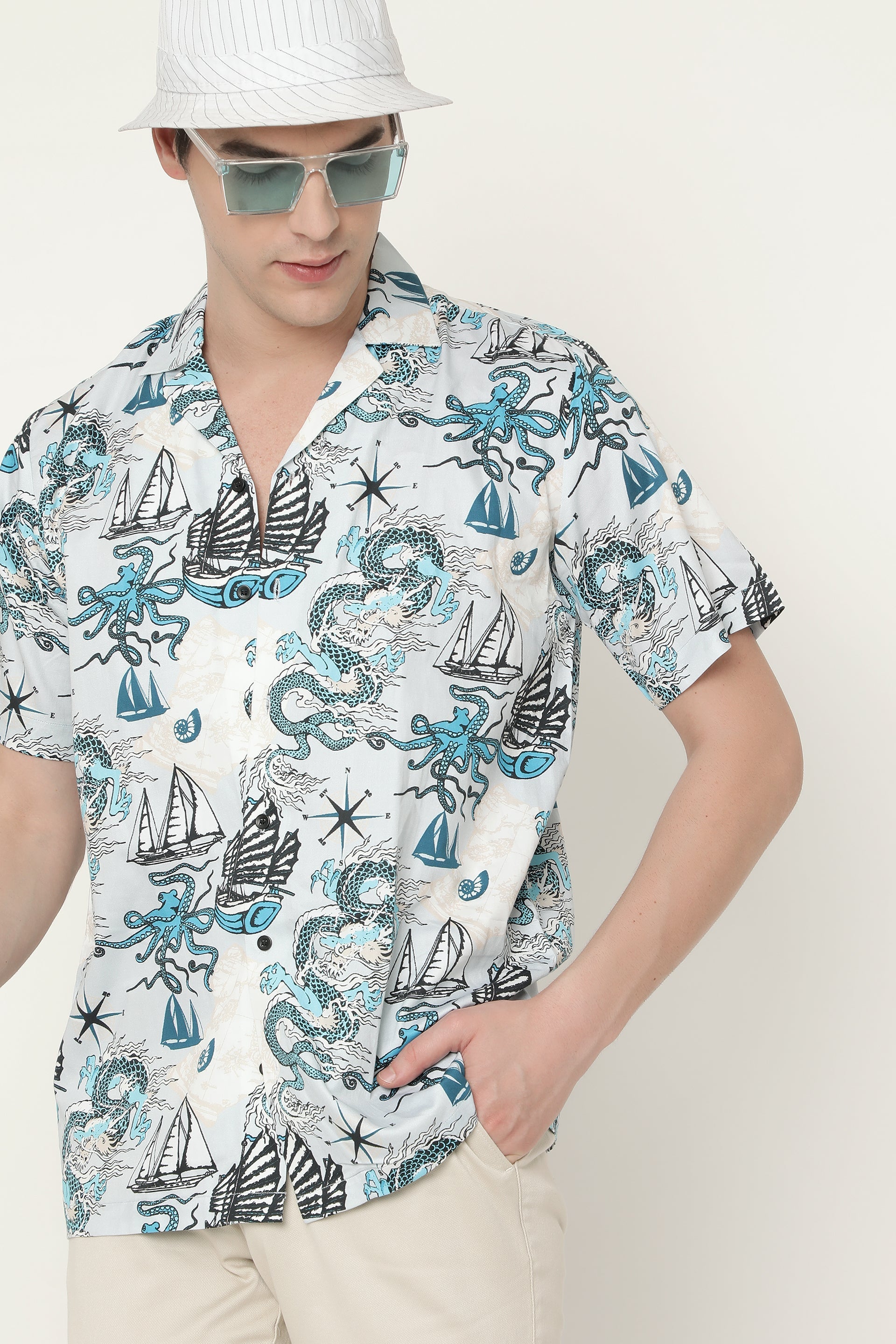 Pattern of Asian Dragon, Octopus and Sea Voyages Mens Printed Premium Cotton Shirt by Black Jack