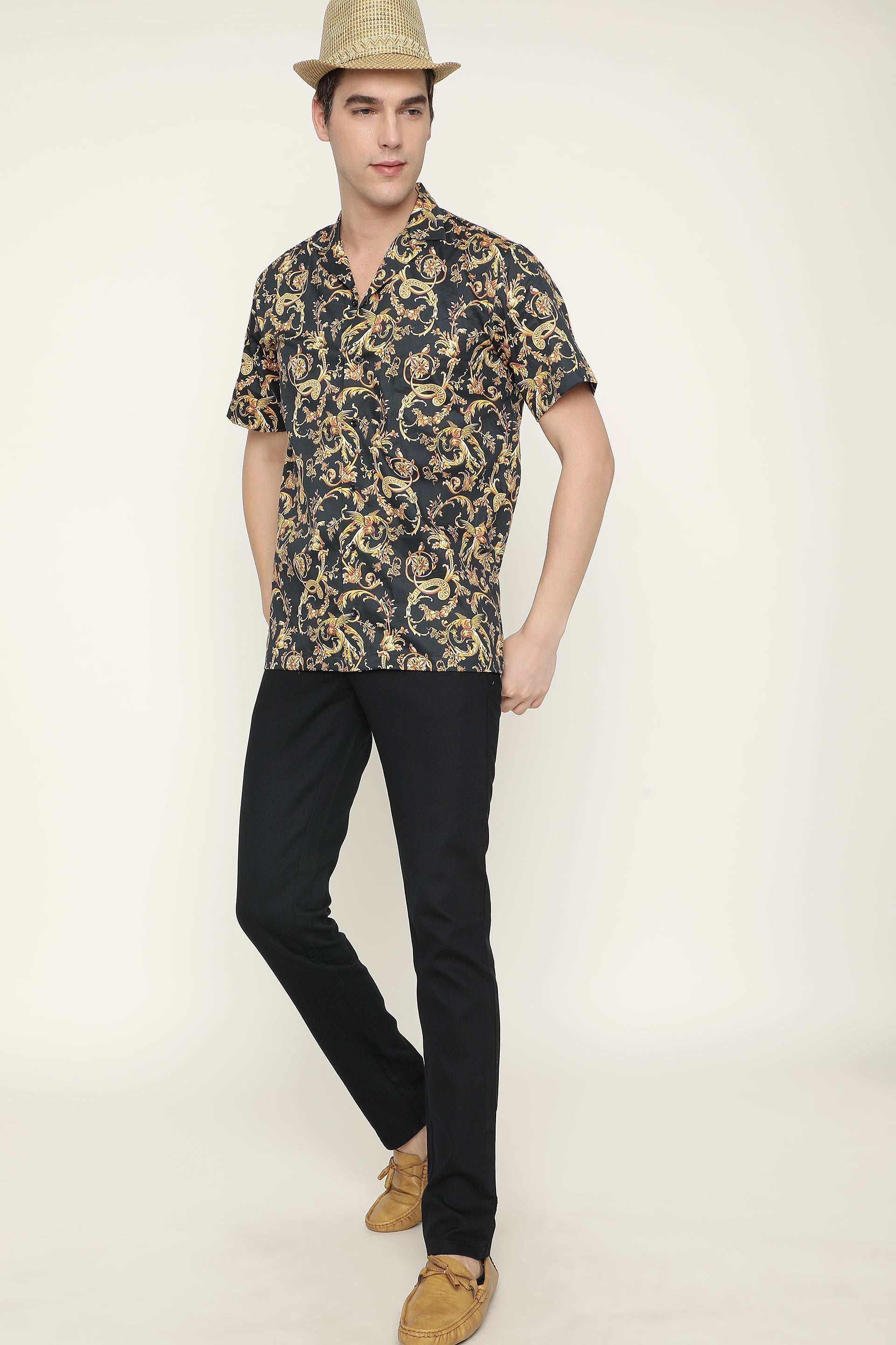 Pure Viscose Shirt Reguler Fit Black Patterend Cuban Mens Shirt By Brand Black Jack