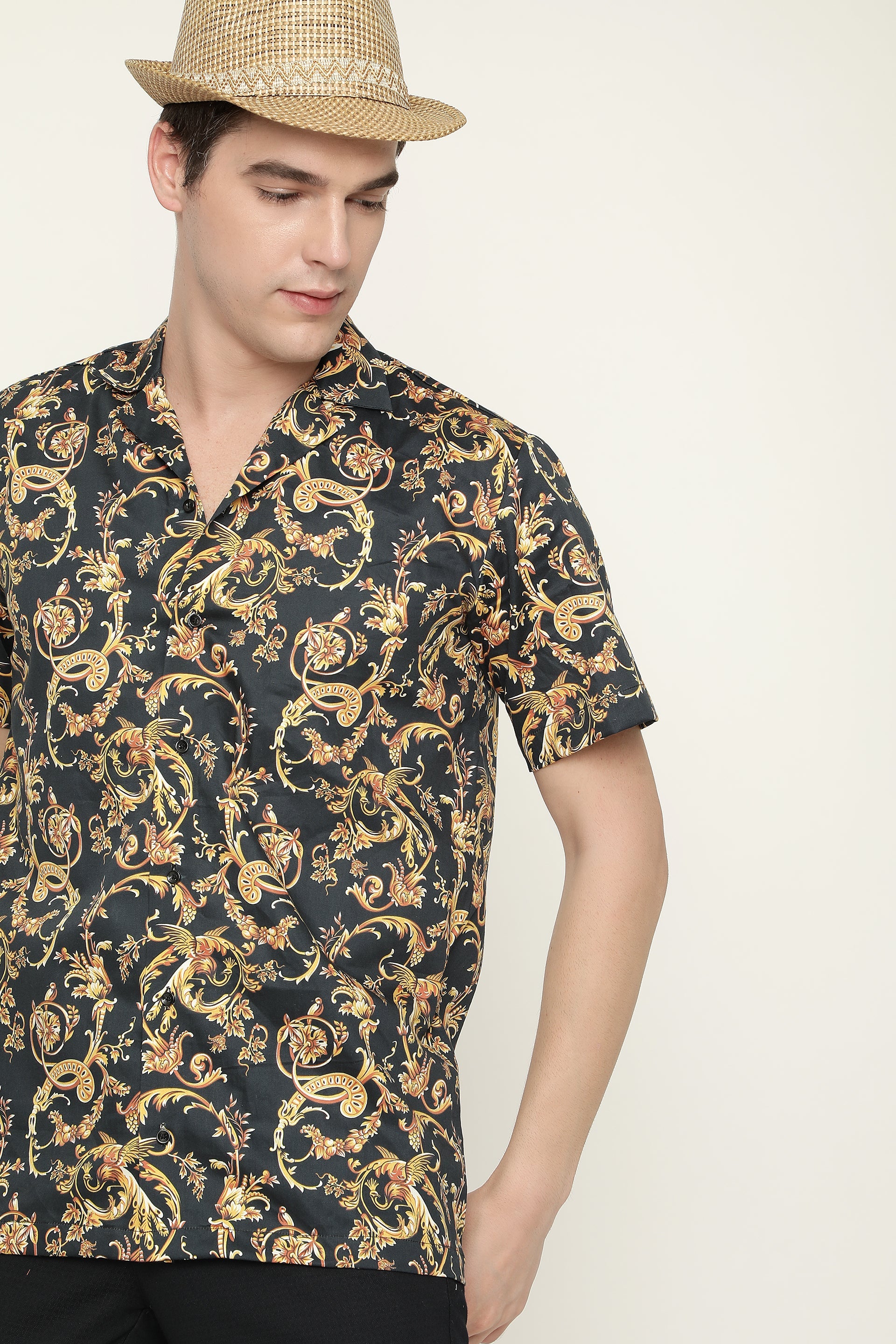 Pure Viscose Shirt Reguler Fit Black Patterend Cuban Mens Shirt By Brand Black Jack