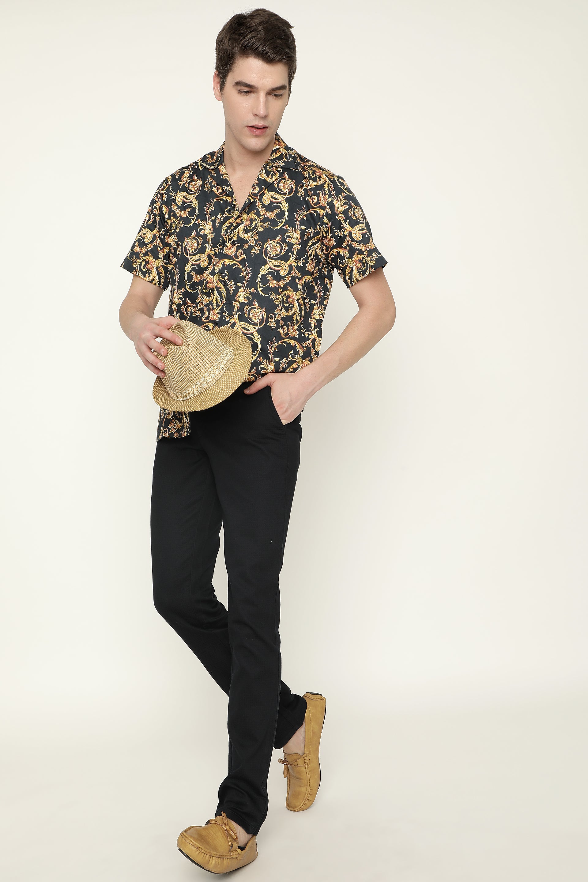 Pure Viscose Shirt Reguler Fit Black Patterend Cuban Mens Shirt By Brand Black Jack