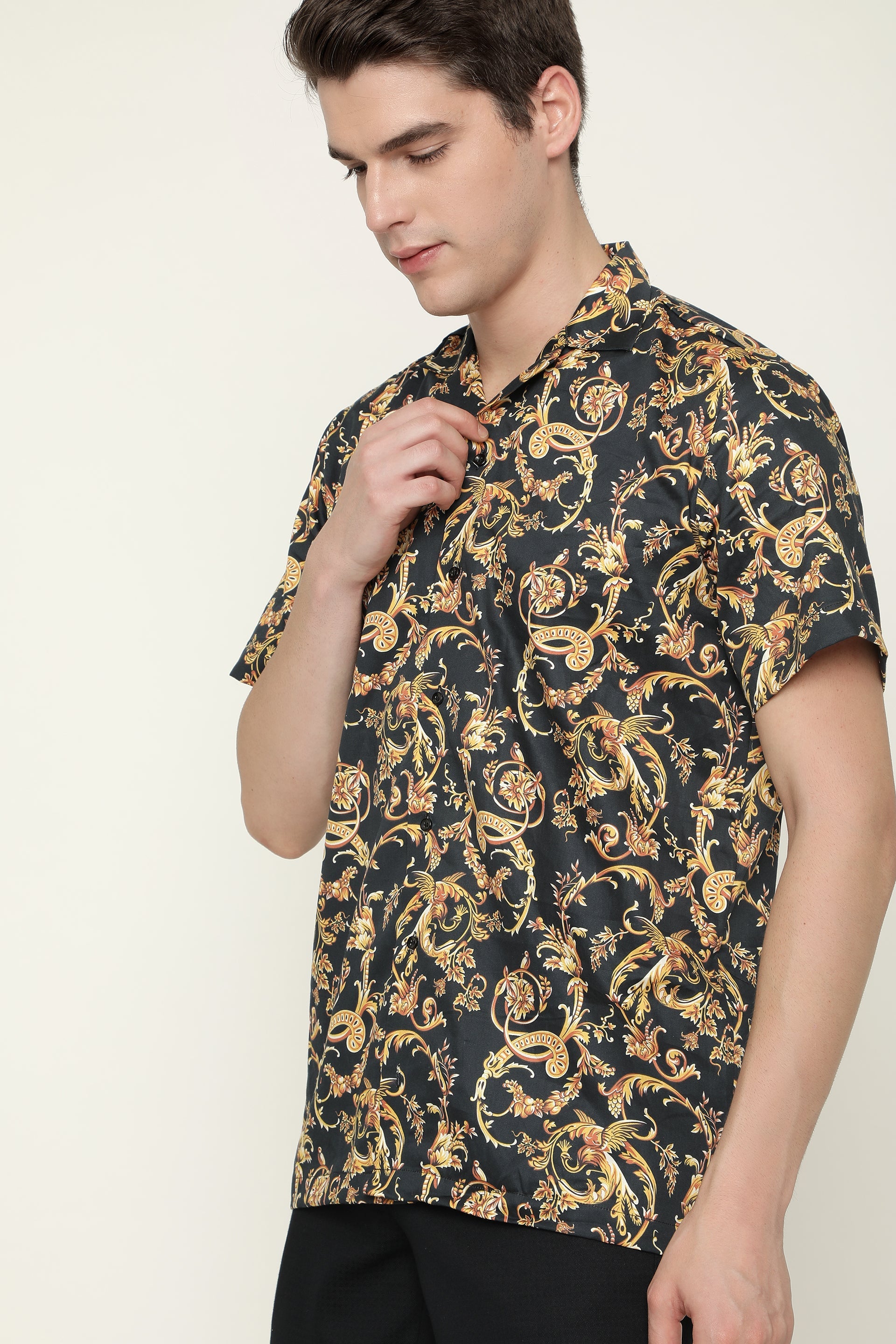 Pure Viscose Shirt Reguler Fit Black Patterend Cuban Mens Shirt By Brand Black Jack