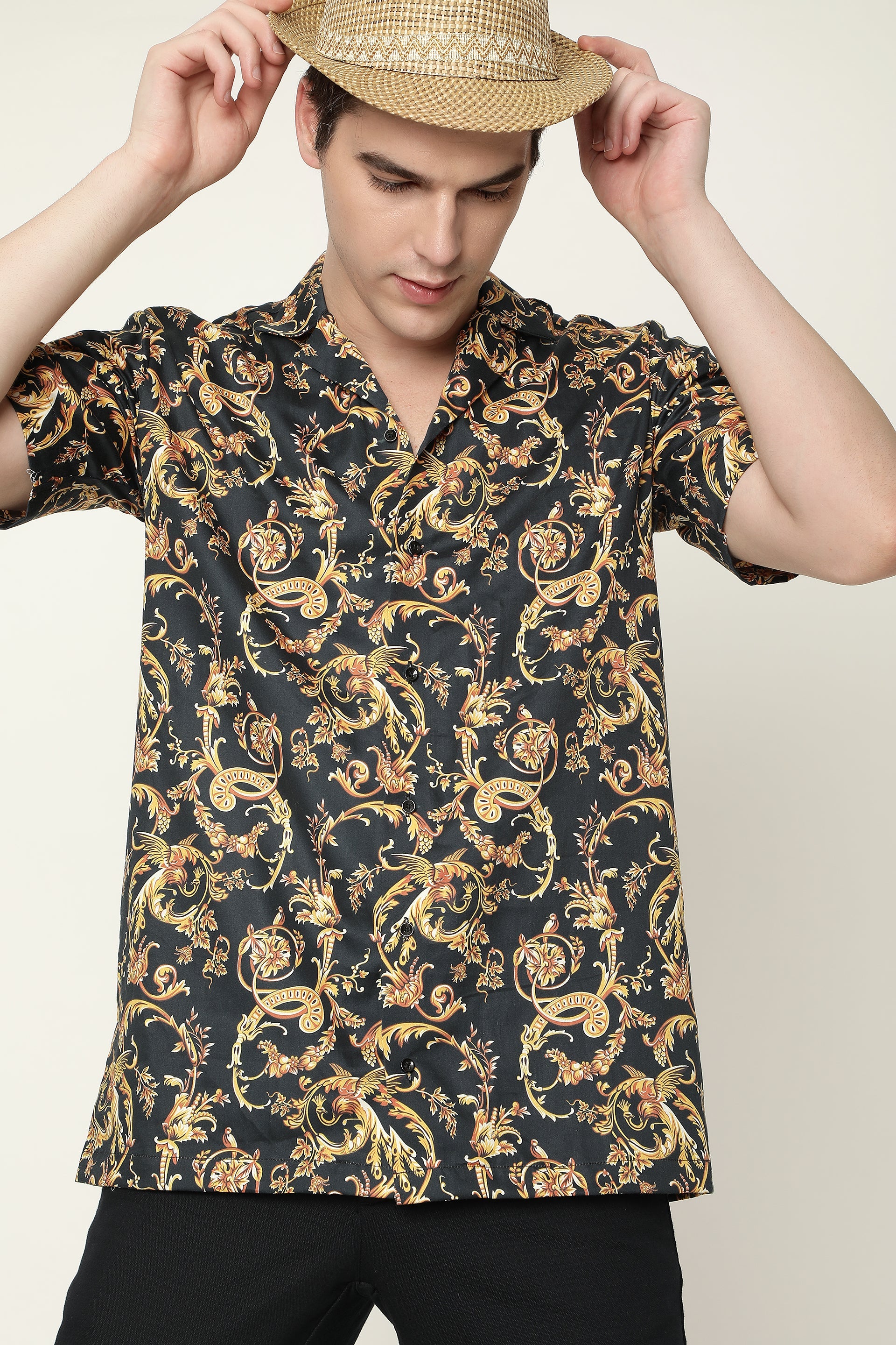 Pure Viscose Shirt Reguler Fit Black Patterend Cuban Mens Shirt By Brand Black Jack