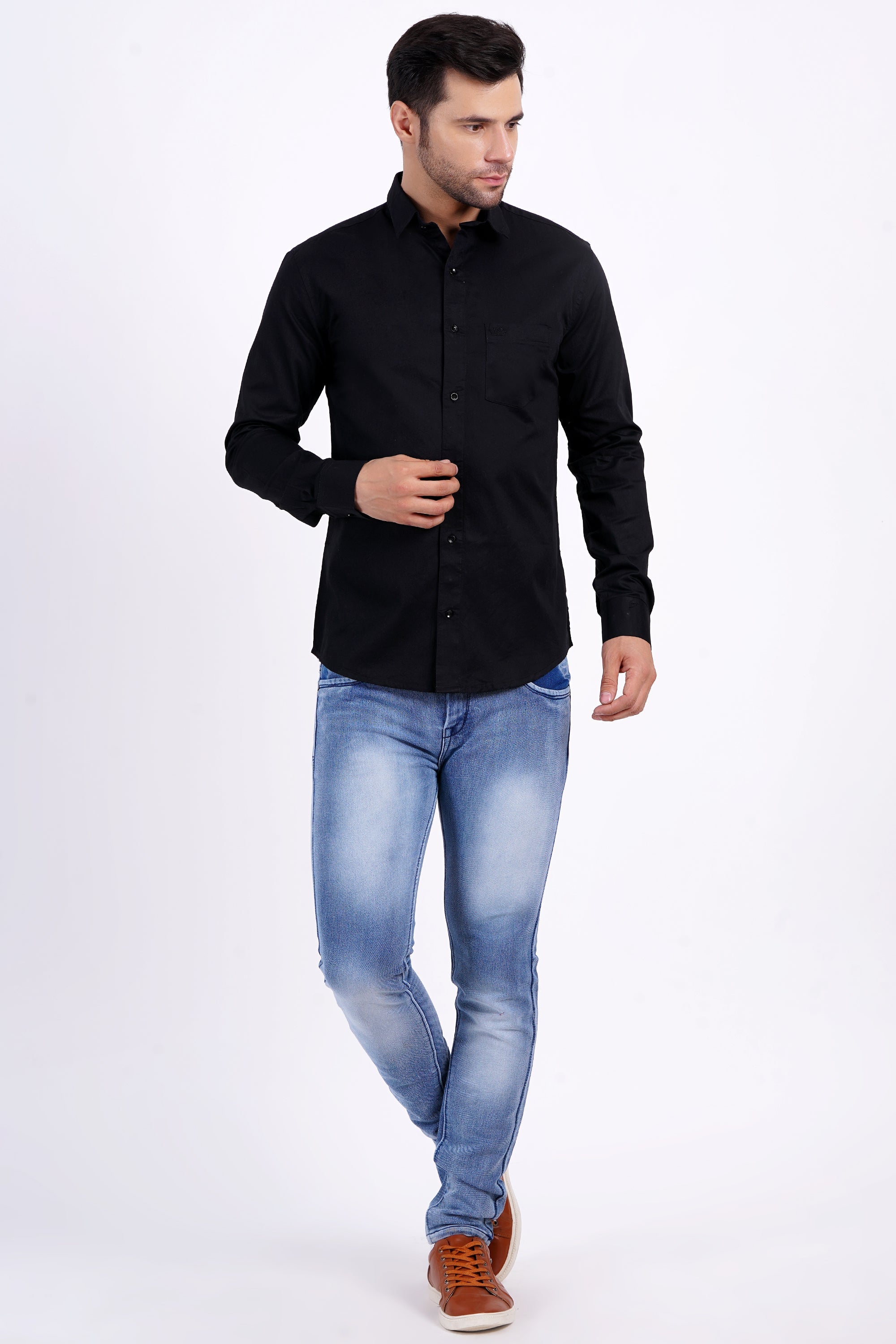 Black Cotton Shirt for Men – Full Sleeve Plain Shirt | 100% Cotton by Brand Black Jack