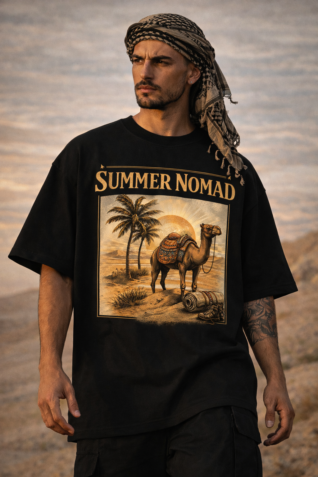 Men’s Black Oversized Drop Shoulder T-Shirt – Summer Nomad Edition