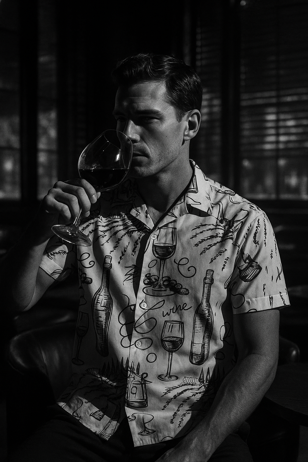 Vintage Wine Bottle Printed Shirt for Men – 100% Giza Cotton | Cuban Collar Hand-Drawn Design by Black Jack