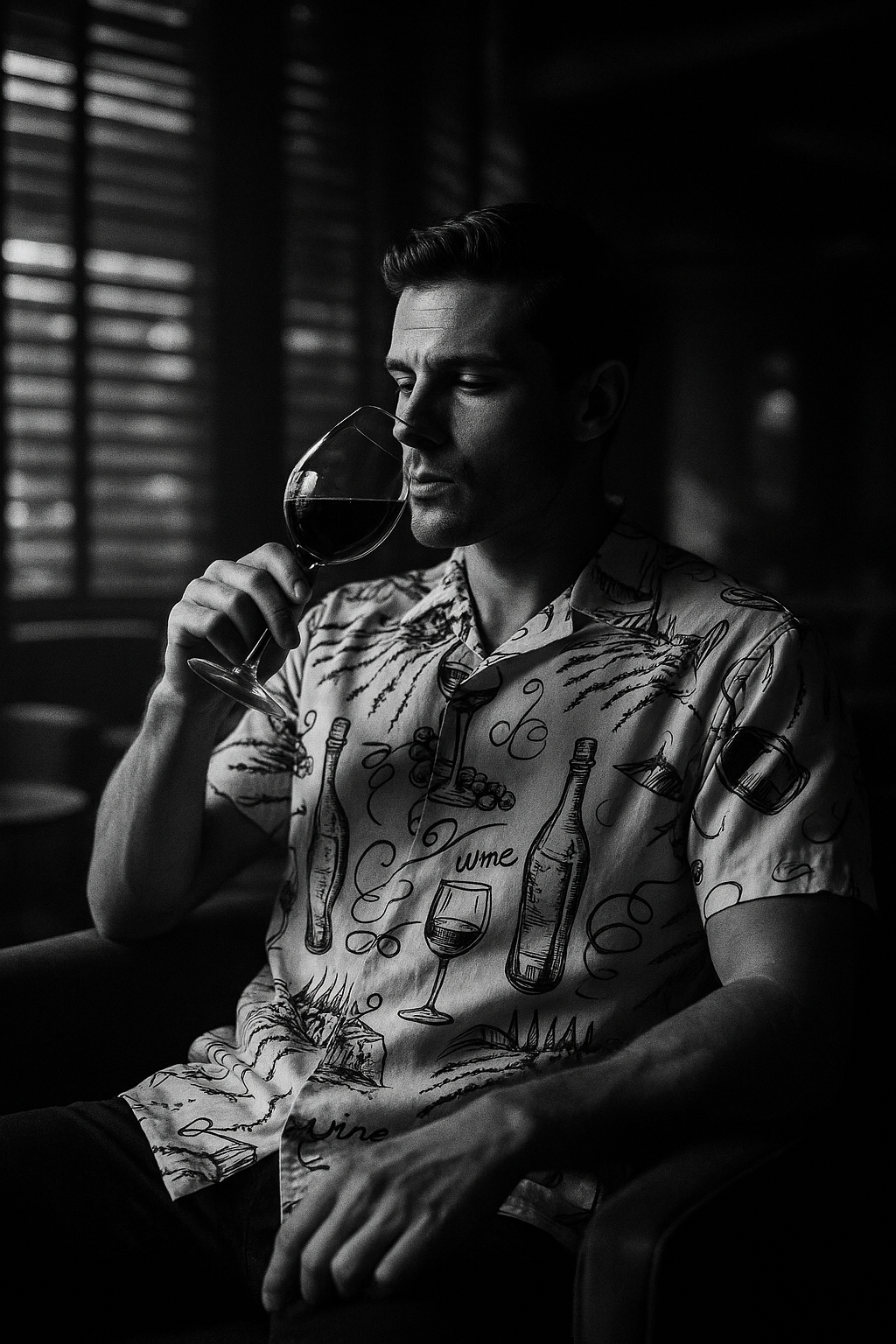 Vintage Wine Bottle Printed Shirt for Men – 100% Giza Cotton | Cuban Collar Hand-Drawn Design by Black Jack