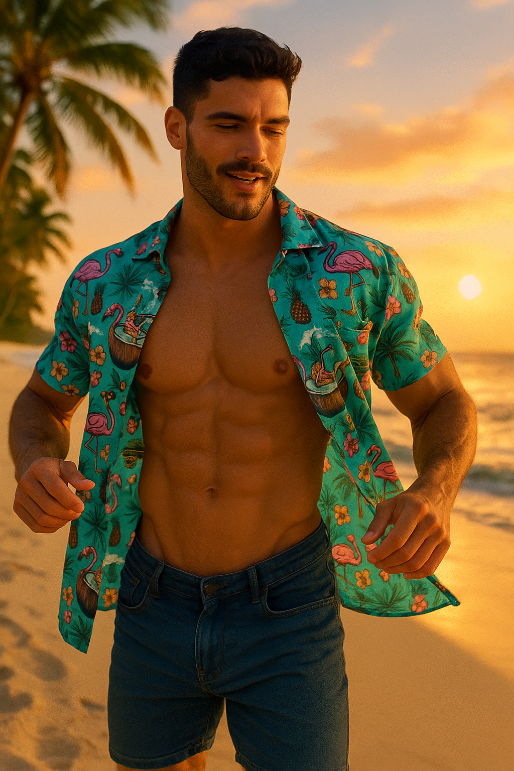 Pure Cotton Colorfull Scene For Beach Coconut in Surfing Man-Leaf And Flamigo Printed Shirt For Man By Brand Black Jack