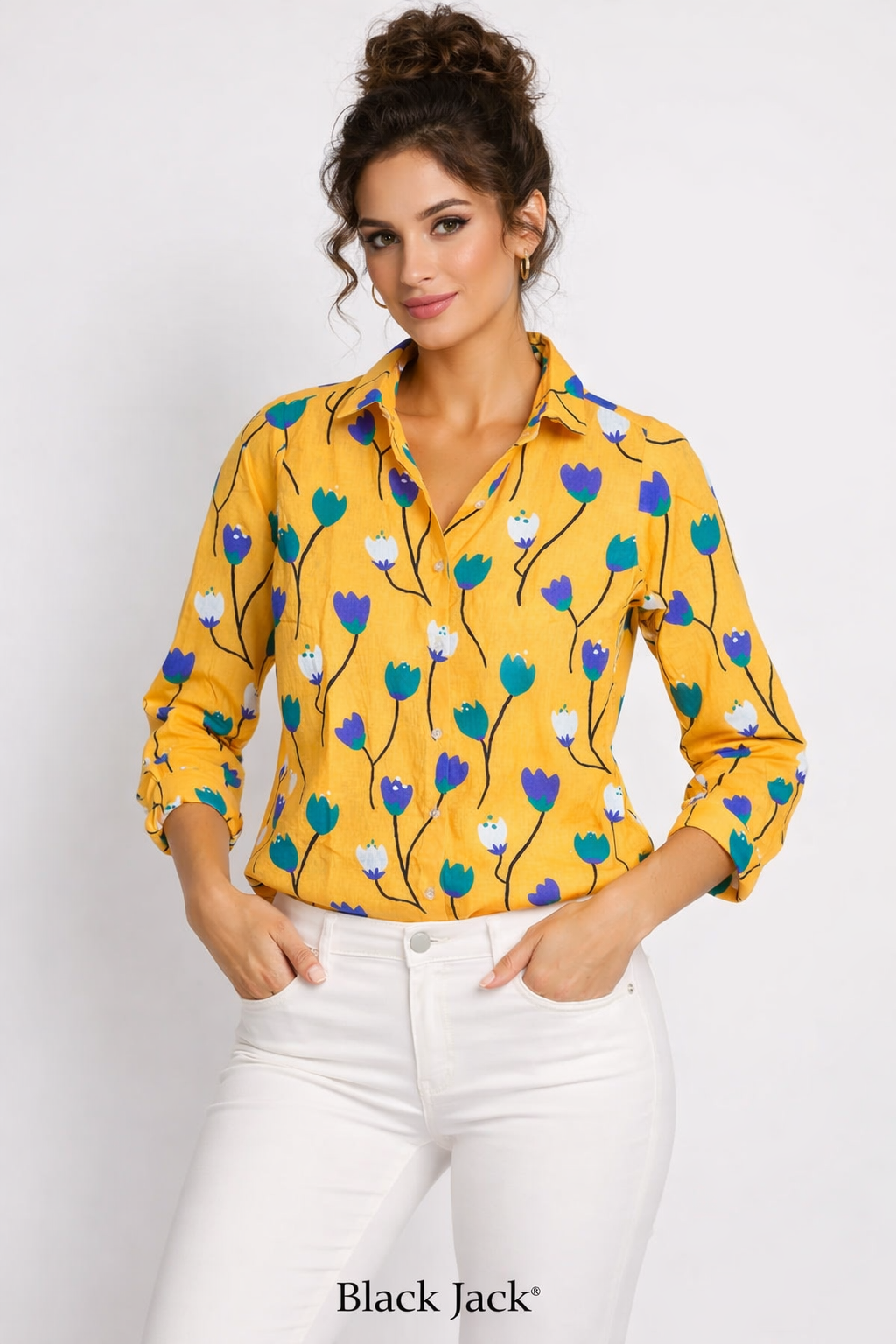 Linen Tulip White and Blue Flower Print Rich Women Shirt Tops Made by Black Jack Italian Artist