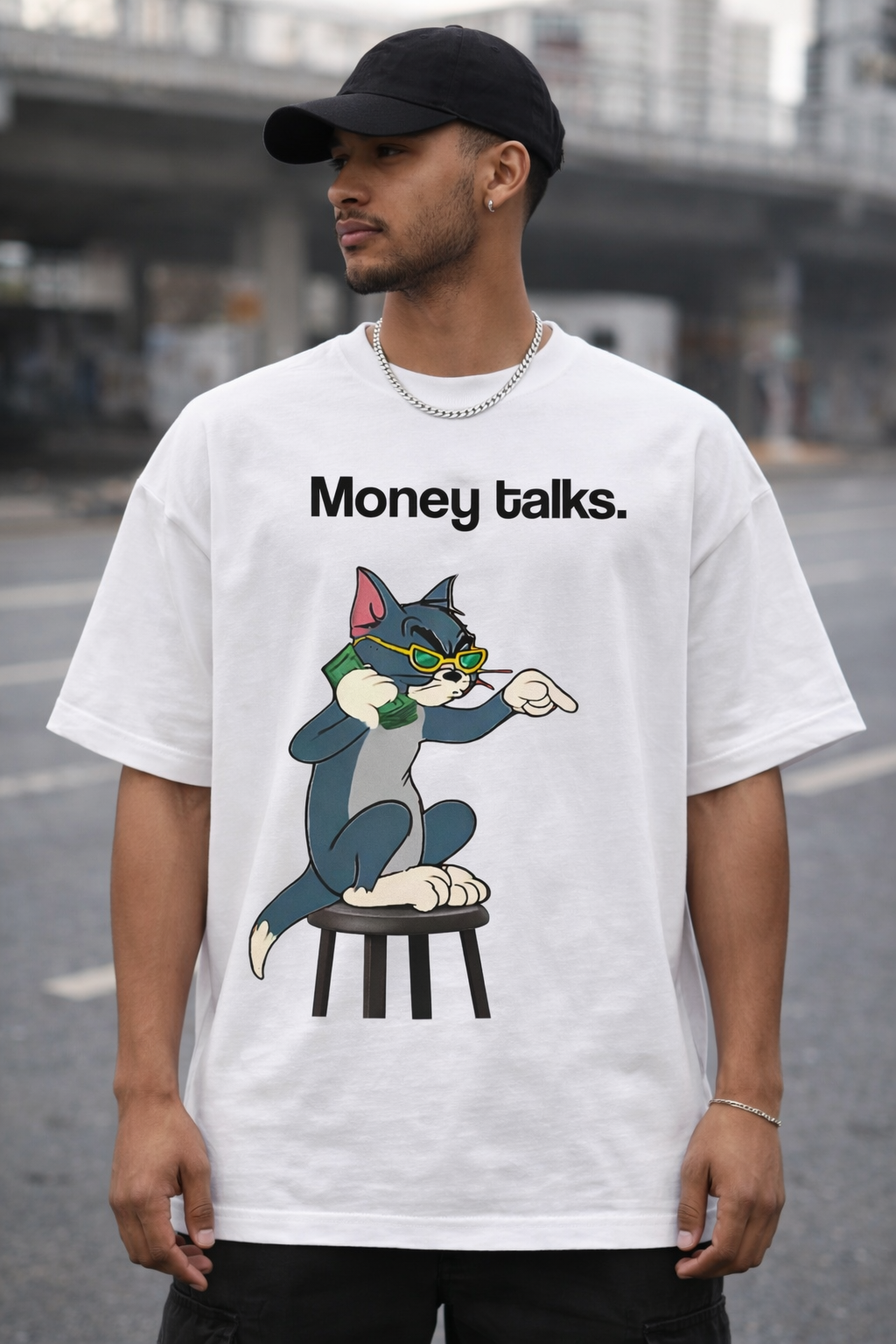 Money Talks Cartoon Cat Oversized Streetwear T-Shirt – Funny Street Graphic Tee
