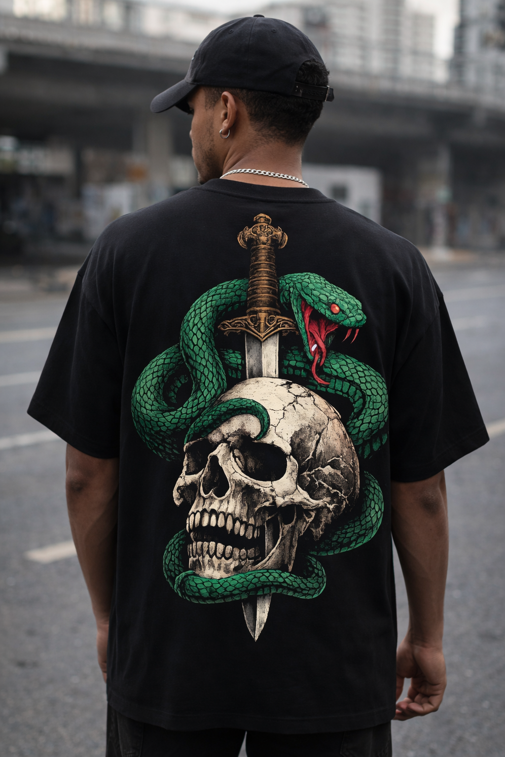 Snake Skull Sword Oversized Streetwear T-Shirt – Gothic Serpent Back Graphic Tee