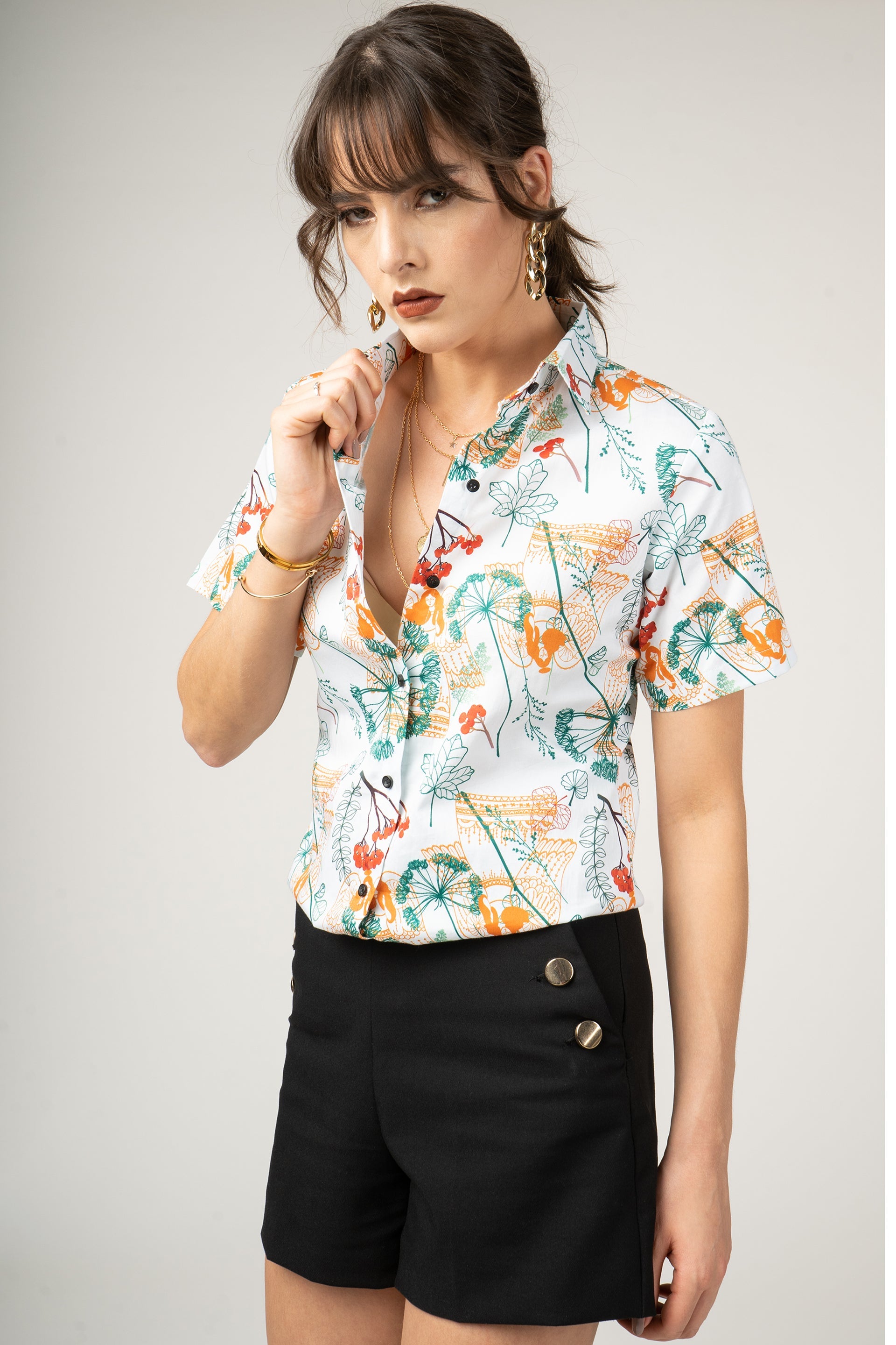 Autumm Plants and Angels Print Pure Cotton Women Shirt by Black Jack