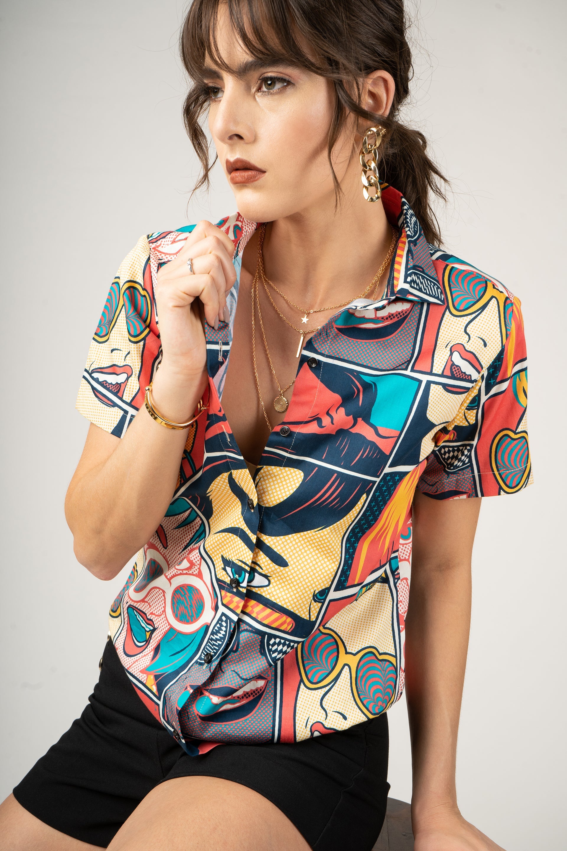 Retro Pin Up Girls Print Pure Cotton Women Shirt by Black Jack