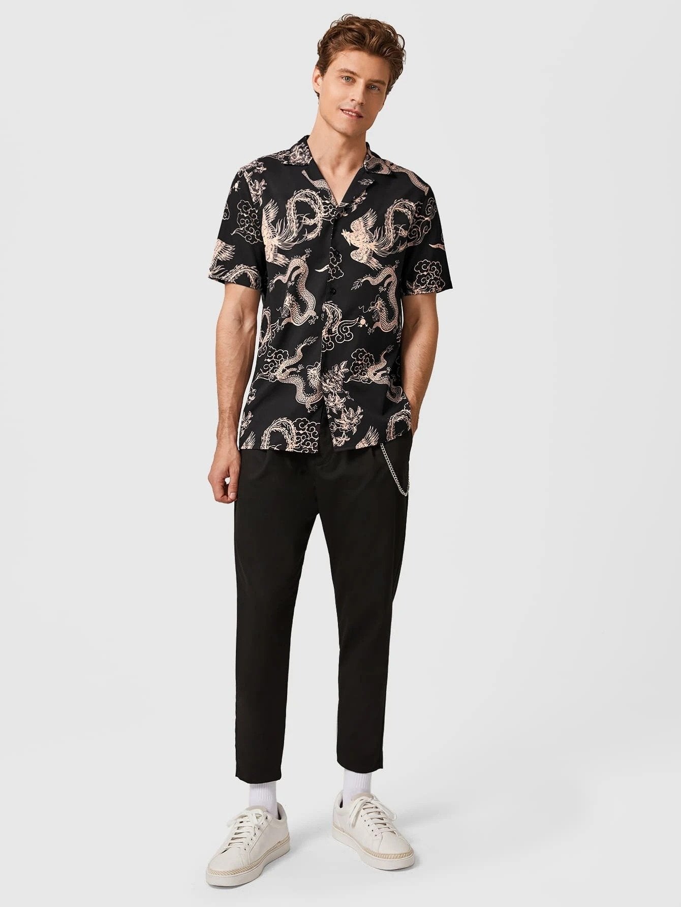 Men Revere Collar Dragon Print Shirt