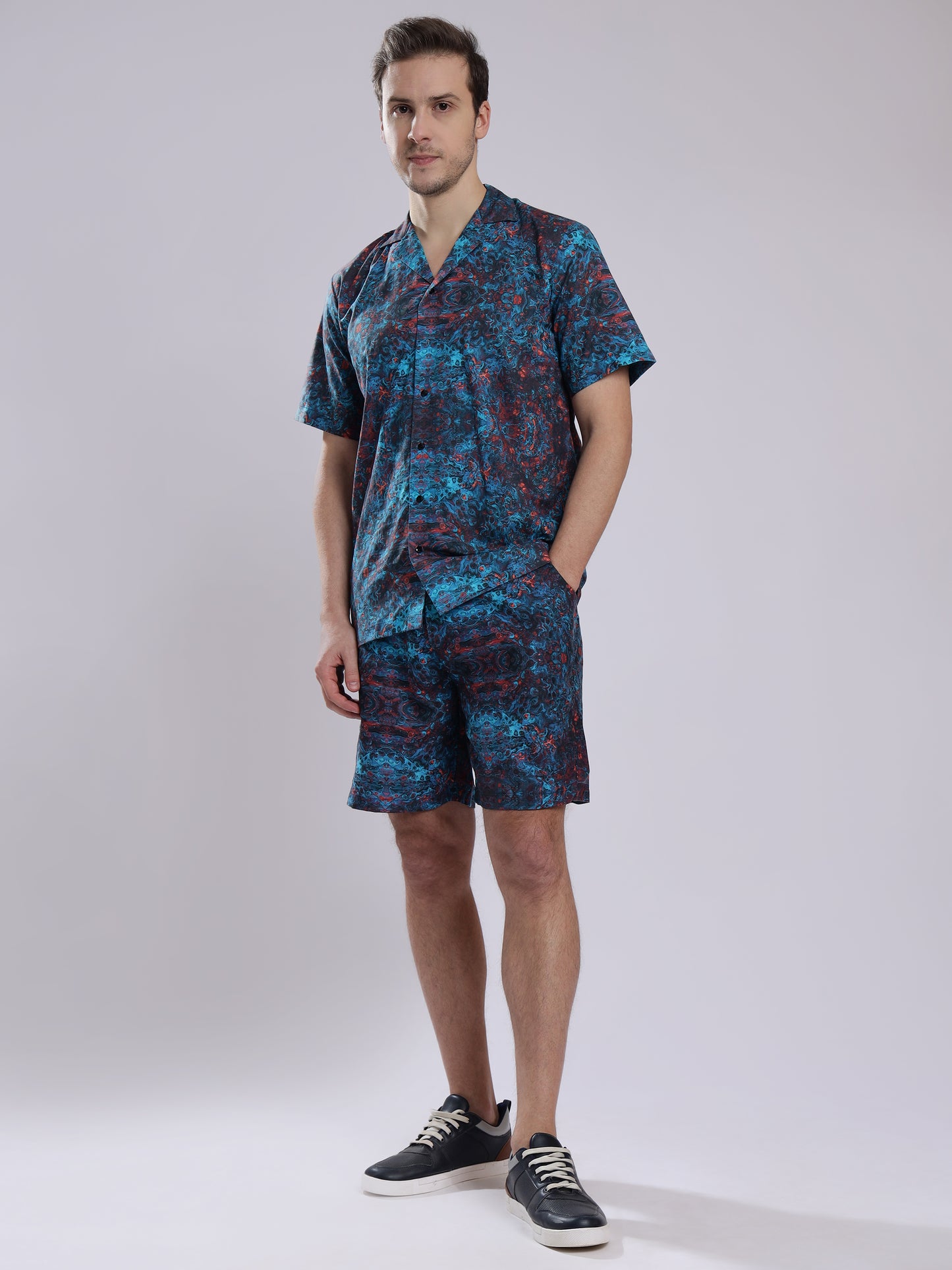 Blue Multicolor Abstract Print Linen Men's Shorts Co-Ord Set by Brand Black Jack