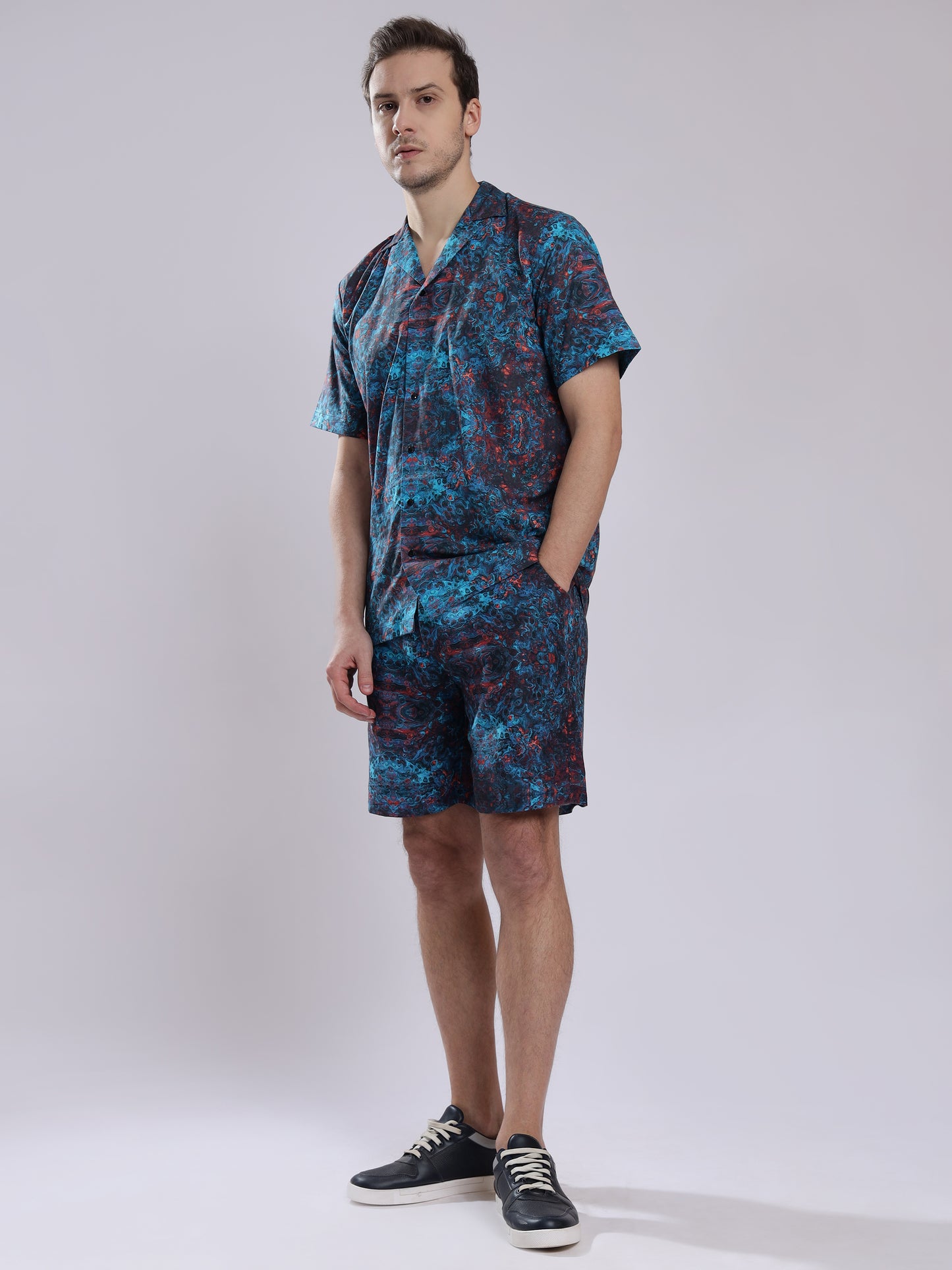 Blue Multicolor Abstract Print Linen Men's Shorts Co-Ord Set by Brand Black Jack