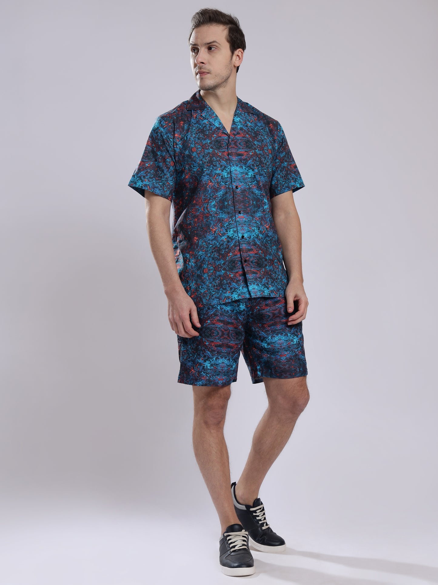 Blue Multicolor Abstract Print Linen Men's Shorts Co-Ord Set by Brand Black Jack