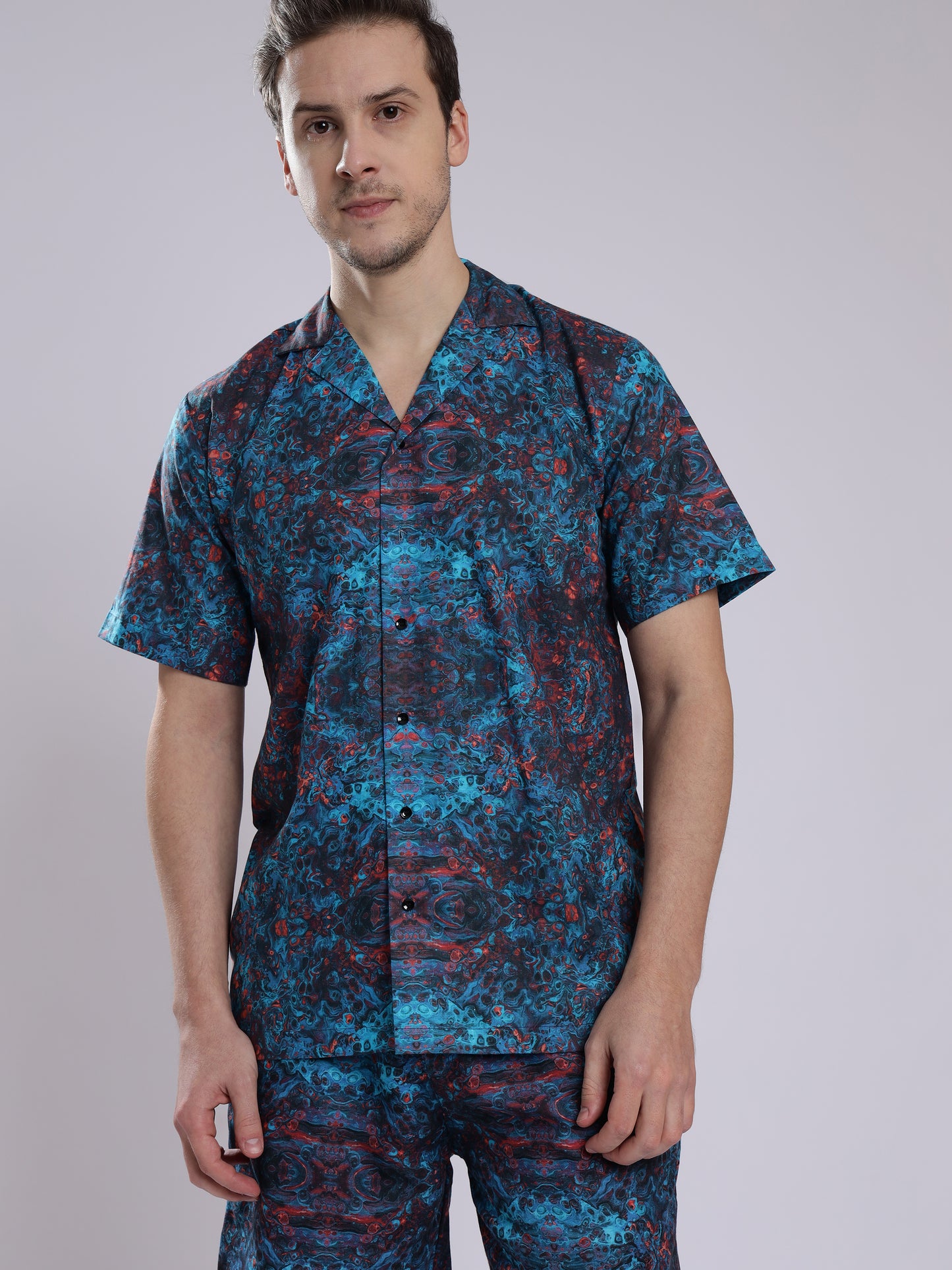 Blue Multicolor Abstract Print Linen Men's Shorts Co-Ord Set by Brand Black Jack