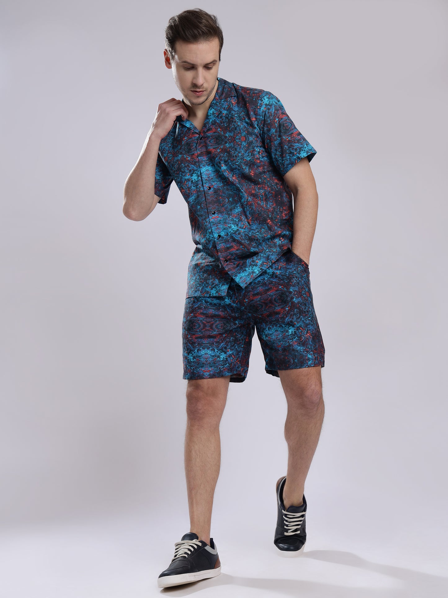 Blue Multicolor Abstract Print Linen Men's Shorts Co-Ord Set by Brand Black Jack