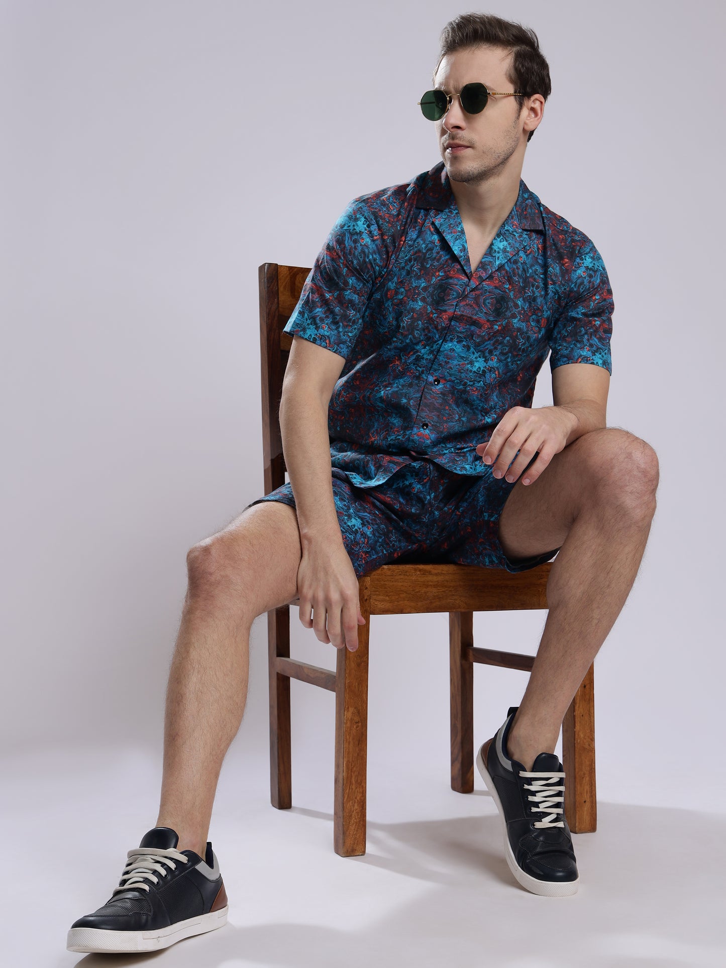 Blue Multicolor Abstract Print Linen Men's Shorts Co-Ord Set by Brand Black Jack