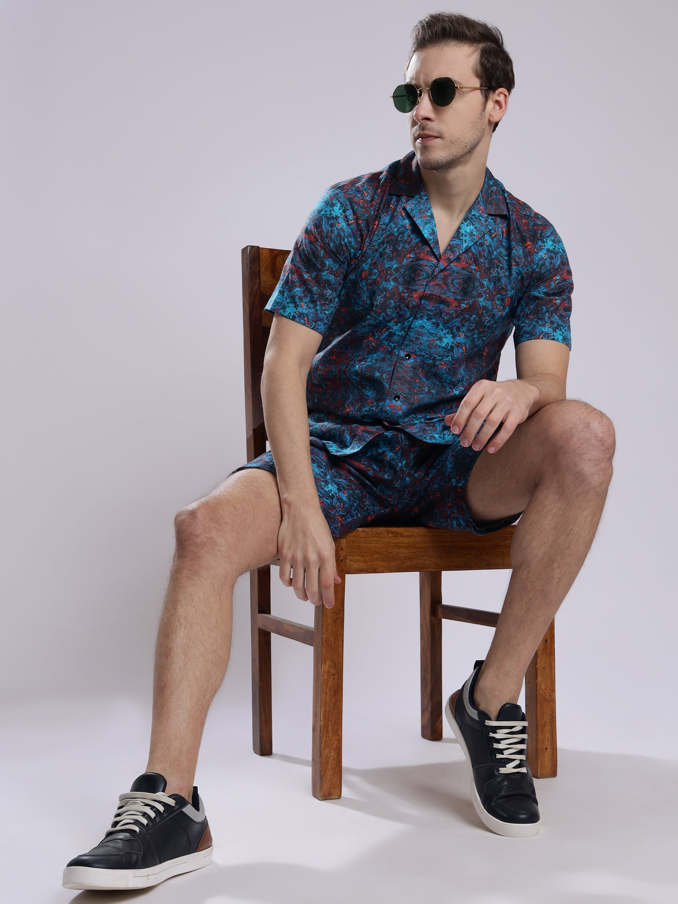 Blue Multicolor Abstract Print Linen Men's Shorts Co-Ord Set by Brand Black Jack