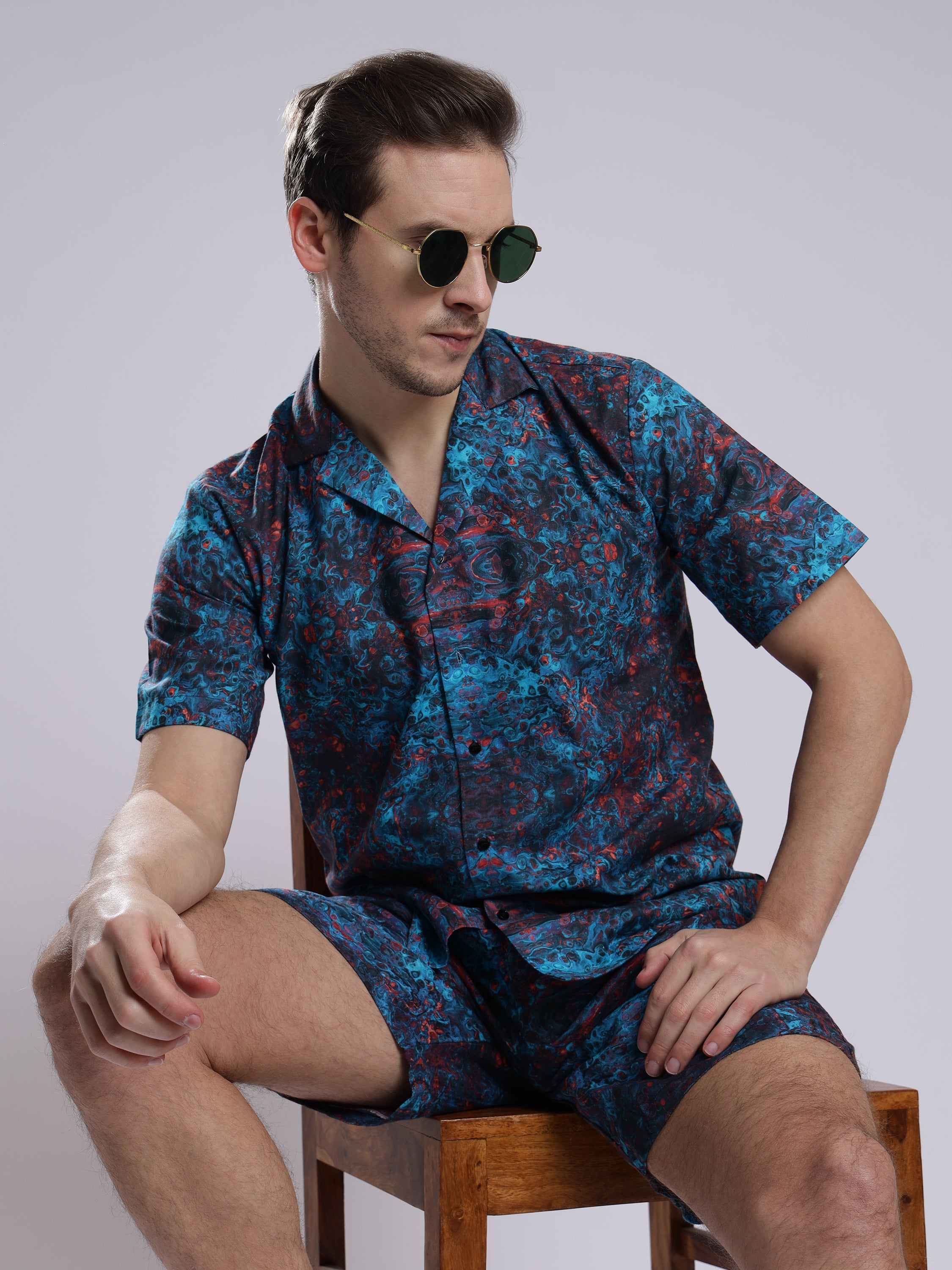 Blue Multicolor Abstract Print Linen Men's Shorts Co-Ord Set by Brand Black Jack