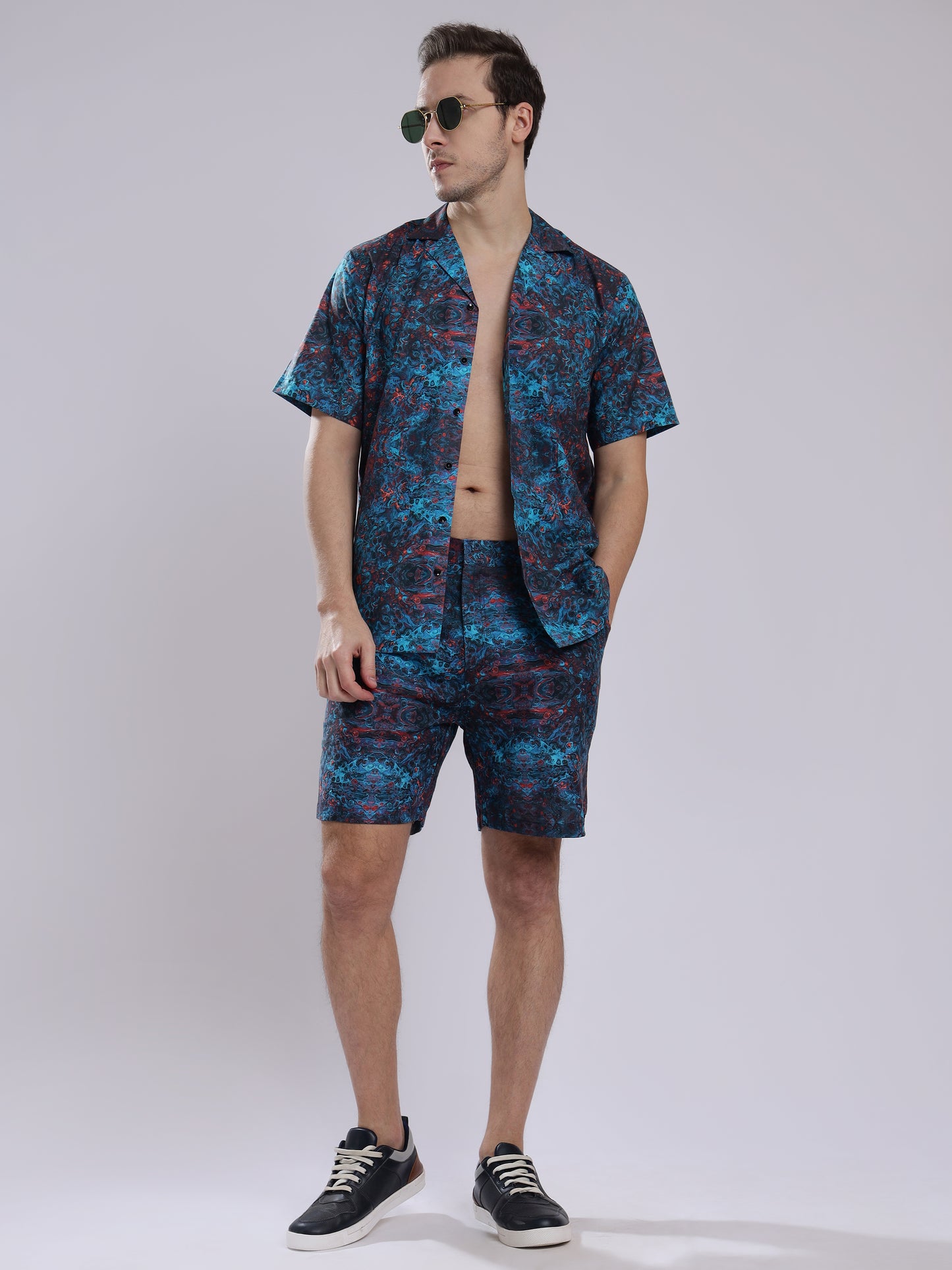 Blue Multicolor Abstract Print Linen Men's Shorts Co-Ord Set by Brand Black Jack