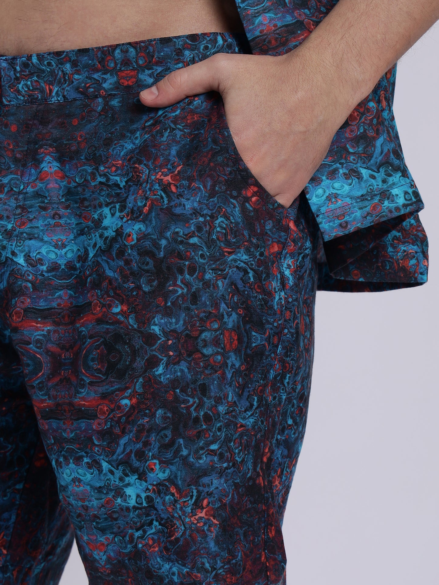 Blue Multicolor Abstract Print Linen Men's Shorts Co-Ord Set by Brand Black Jack