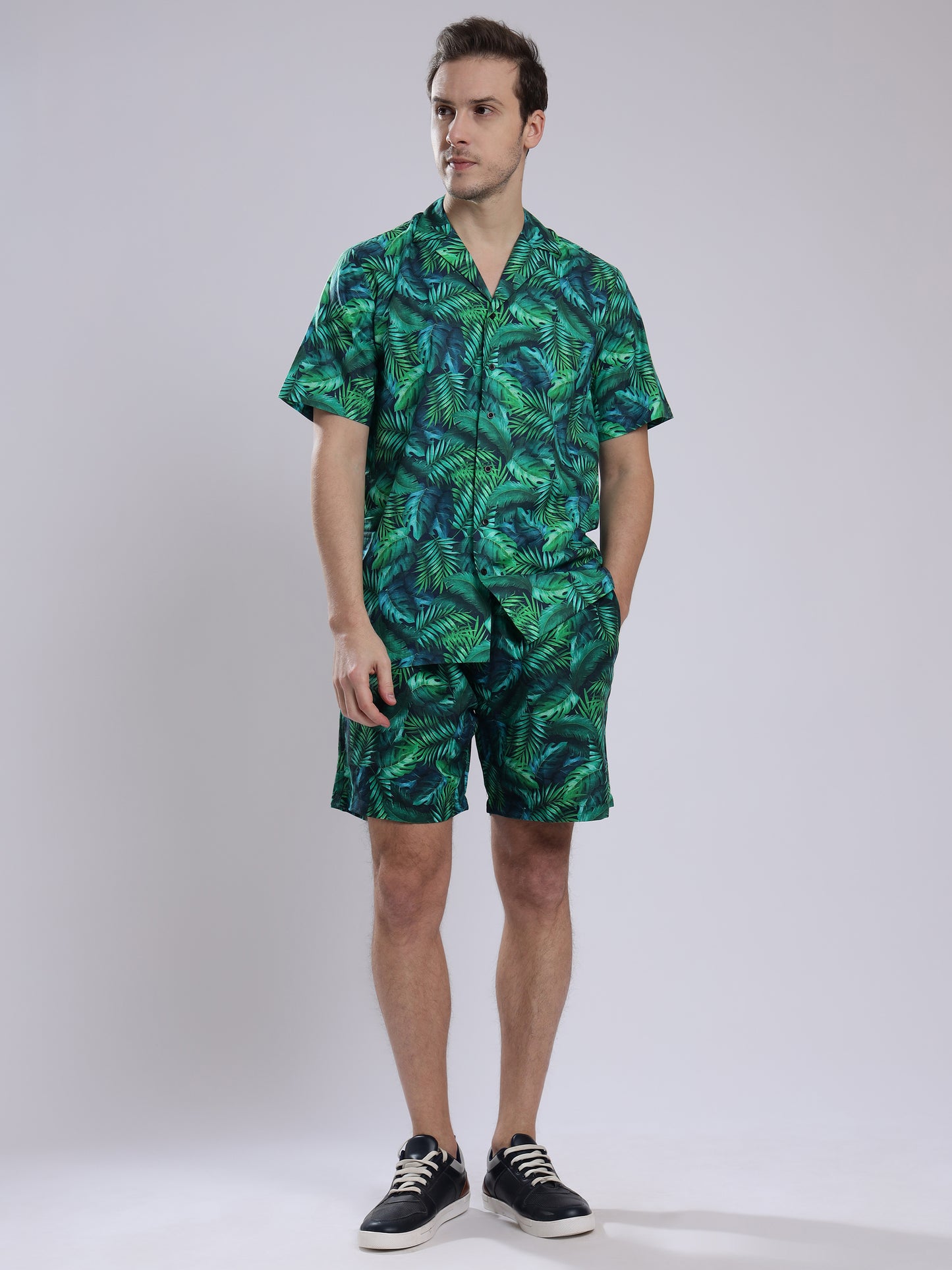 Green Leaf  Linen Men's Shorts Co-Ord Set by Brand Black Jack