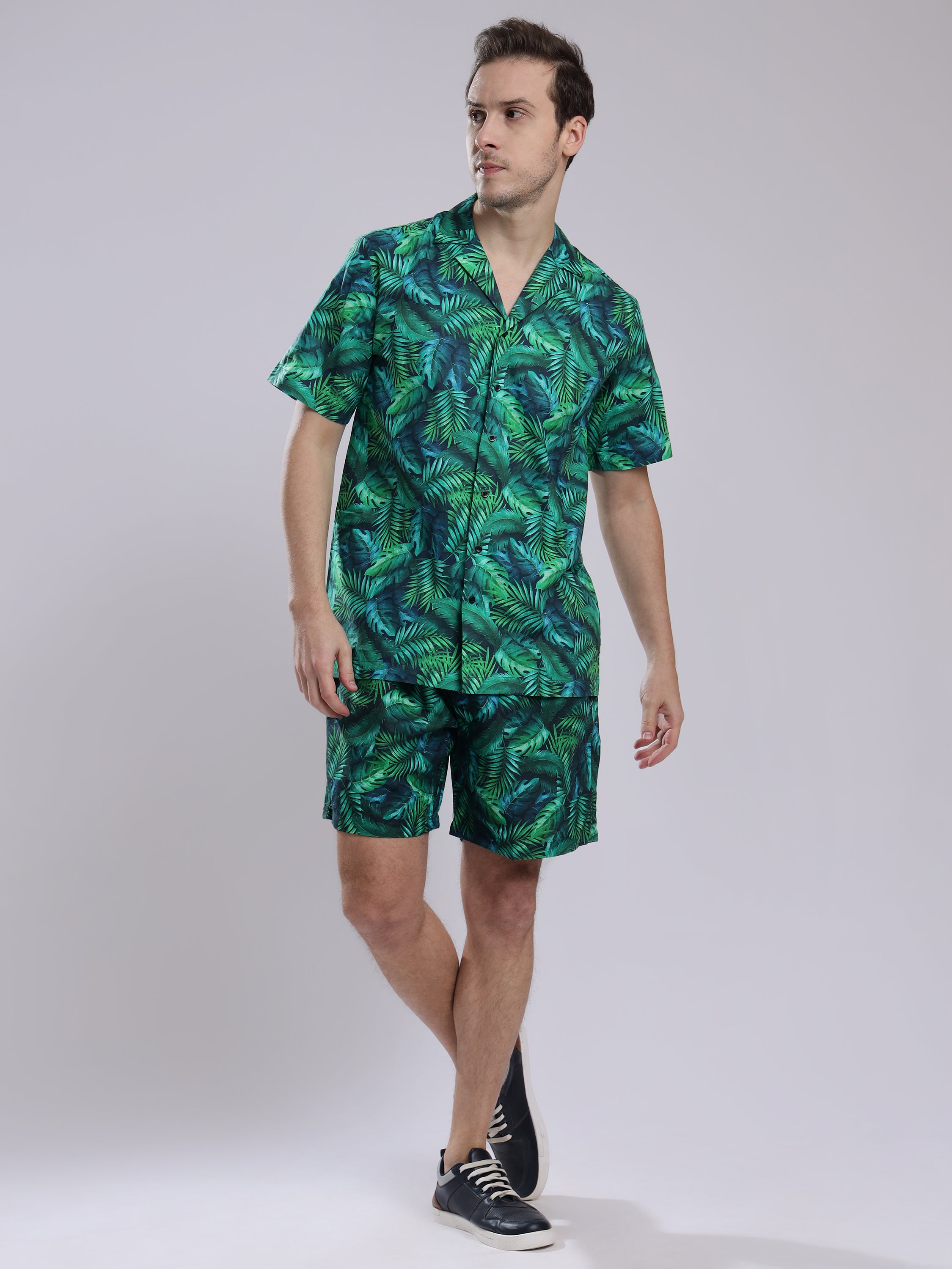 Green Leaf  Linen Men's Shorts Co-Ord Set by Brand Black Jack