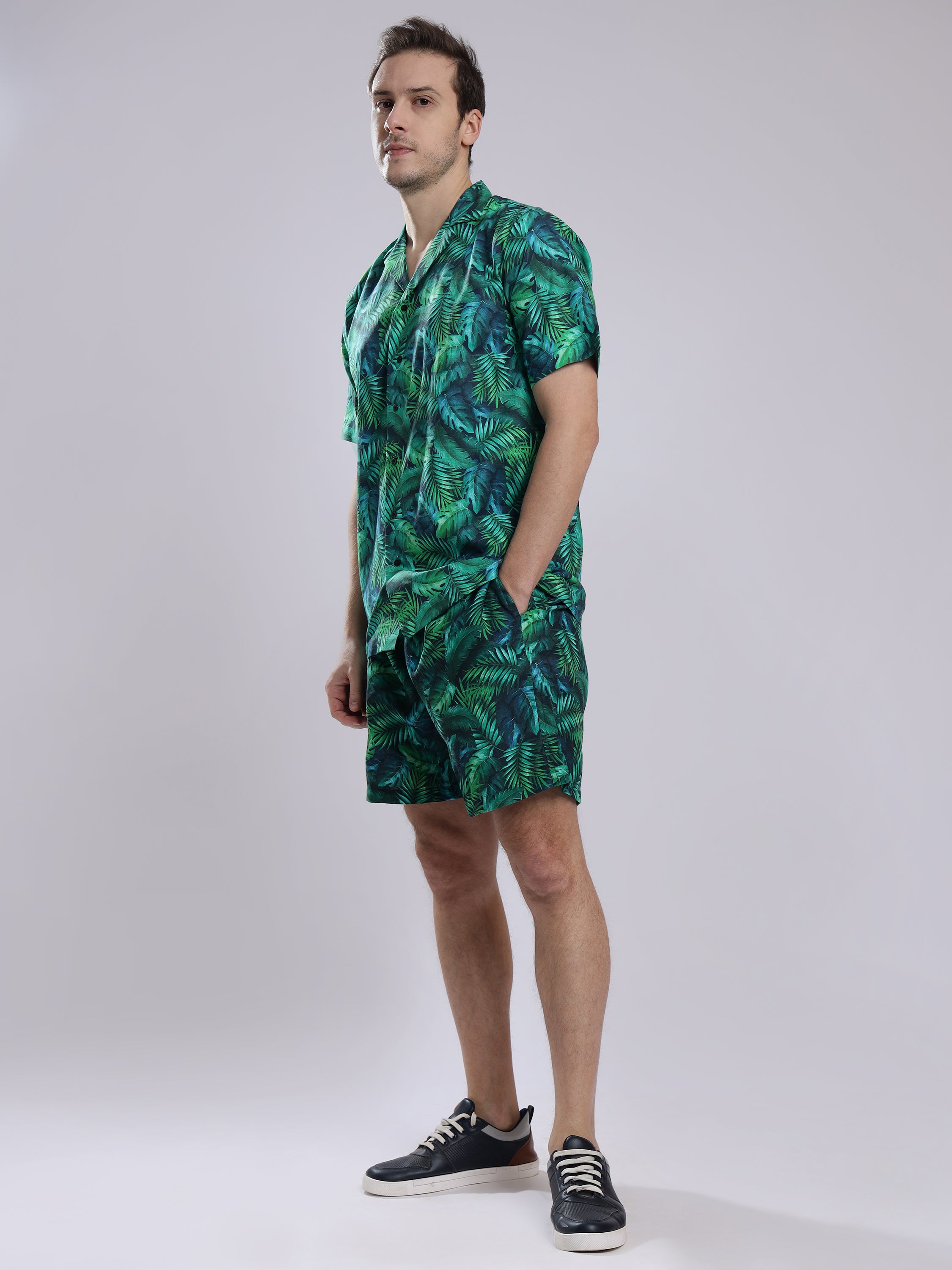 Green Leaf  Linen Men's Shorts Co-Ord Set by Brand Black Jack