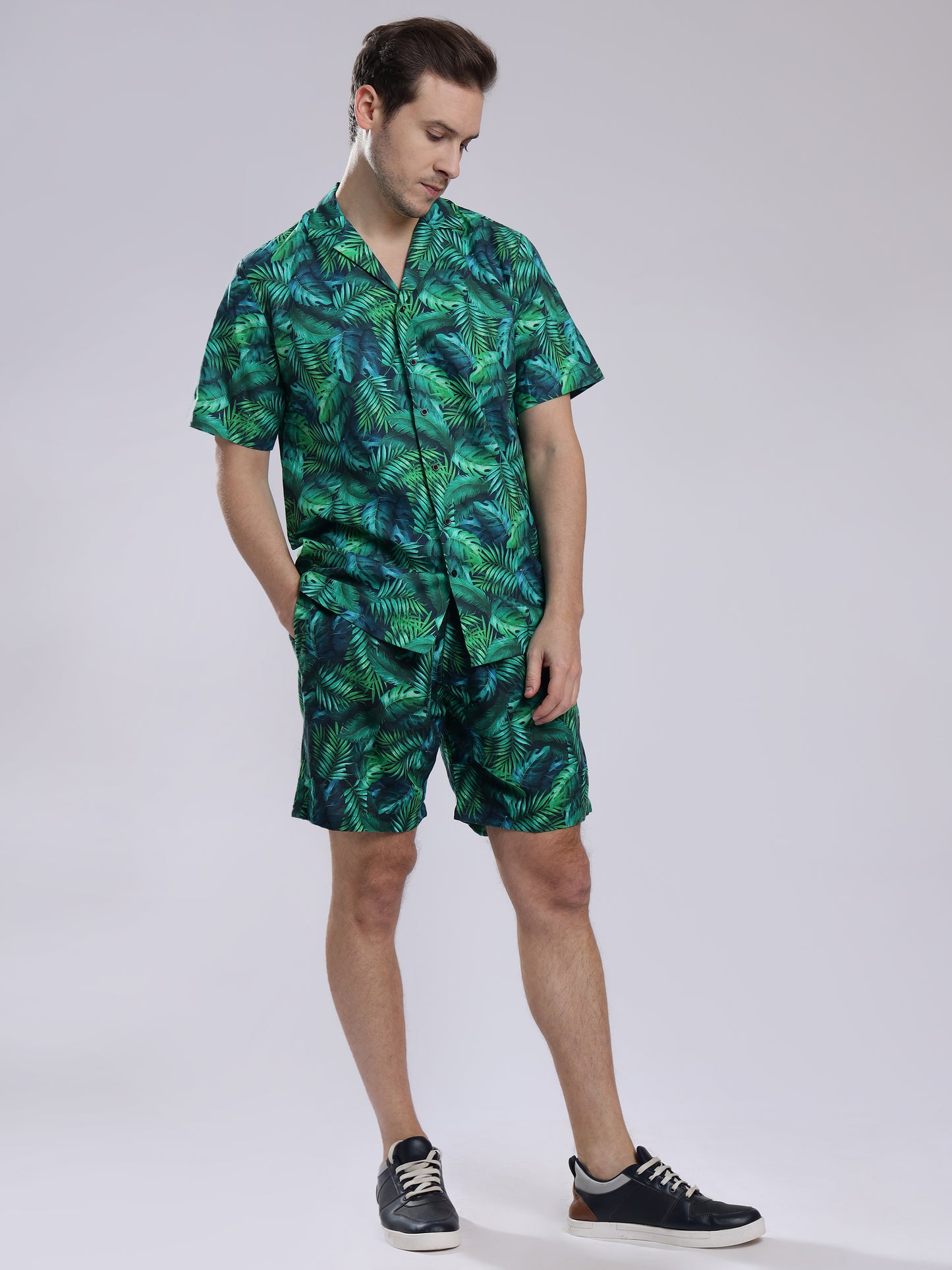 Green Leaf  Linen Men's Shorts Co-Ord Set by Brand Black Jack