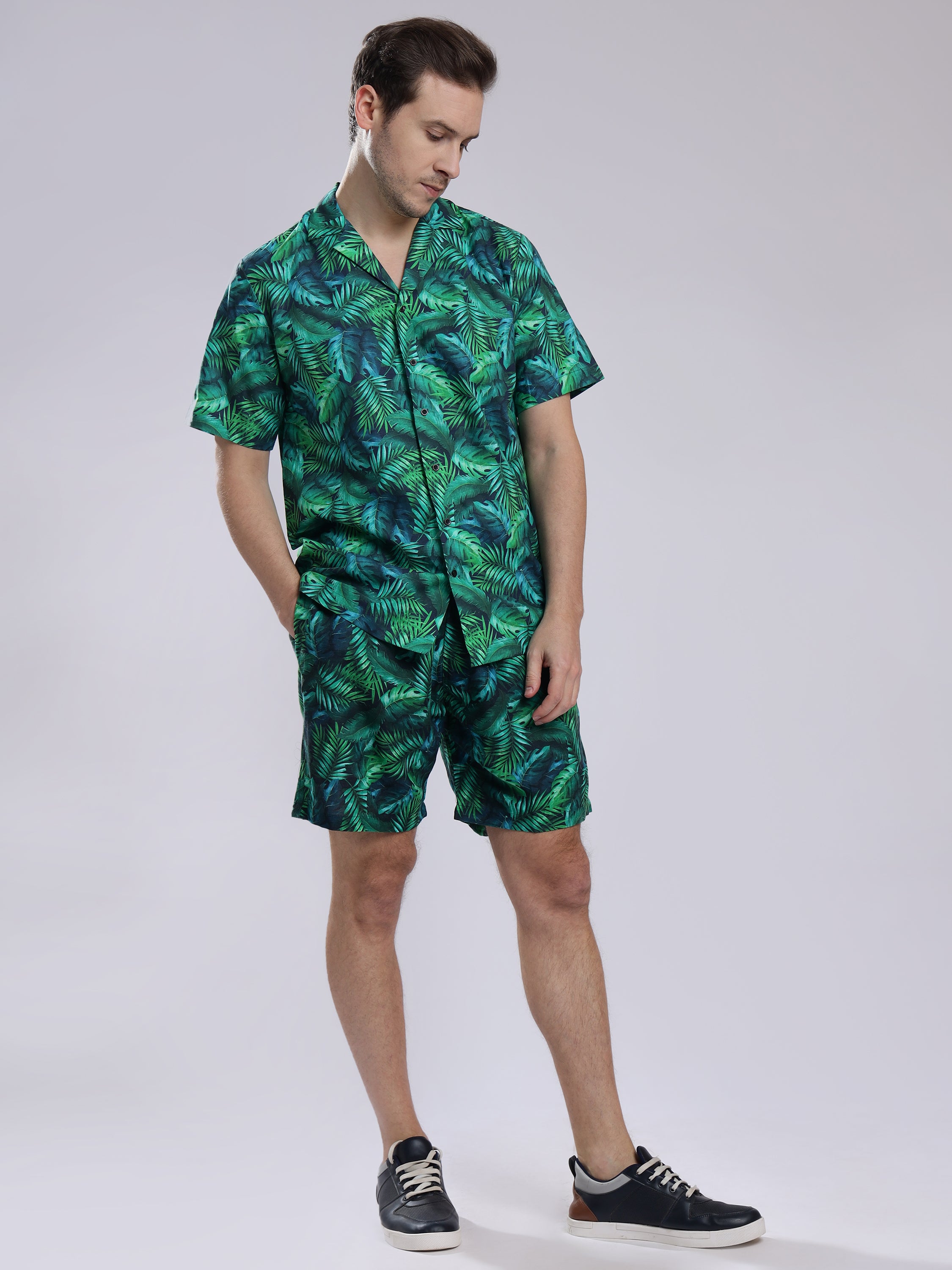 Green Leaf  Linen Men's Shorts Co-Ord Set by Brand Black Jack