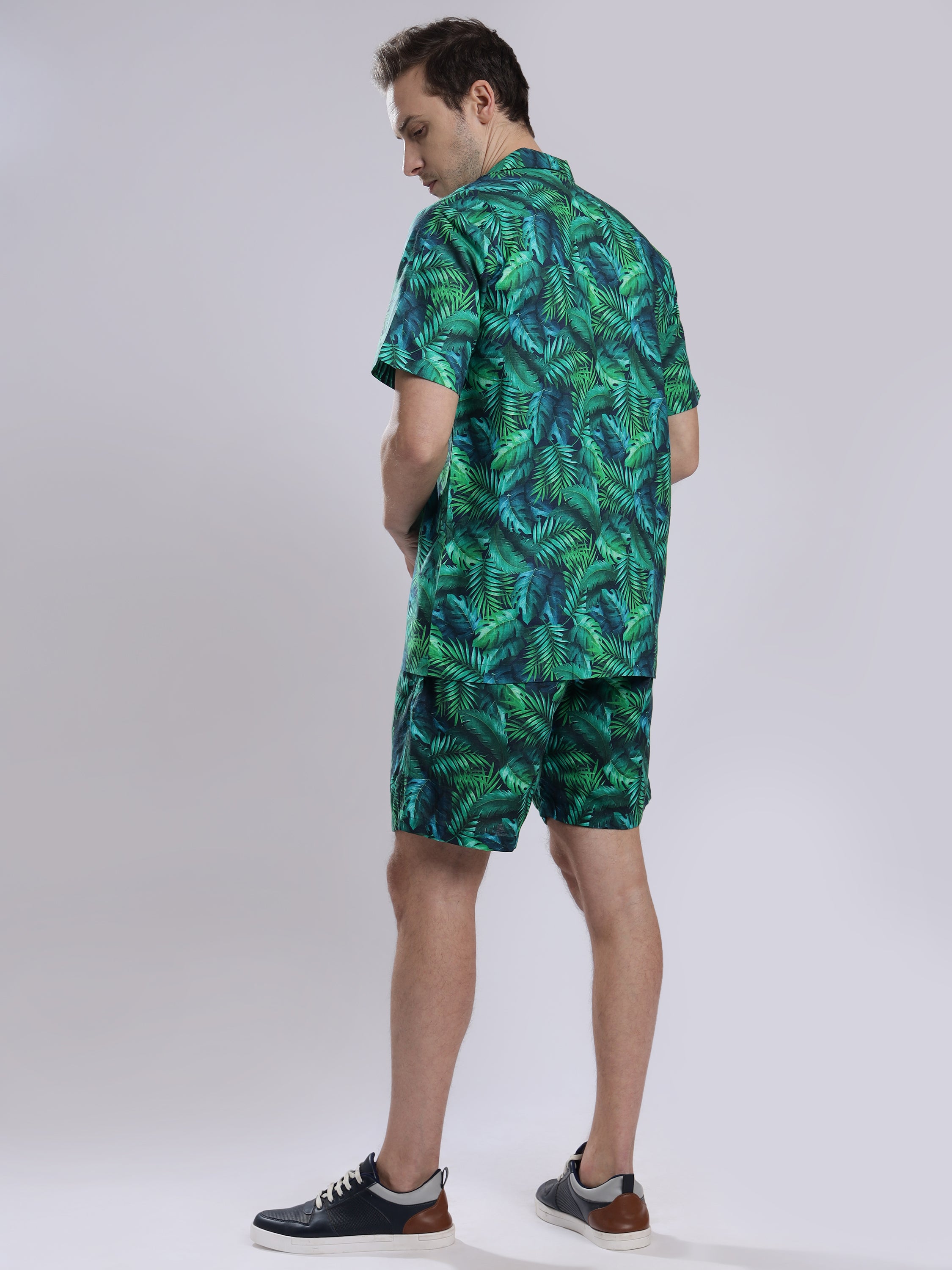Green Leaf  Linen Men's Shorts Co-Ord Set by Brand Black Jack