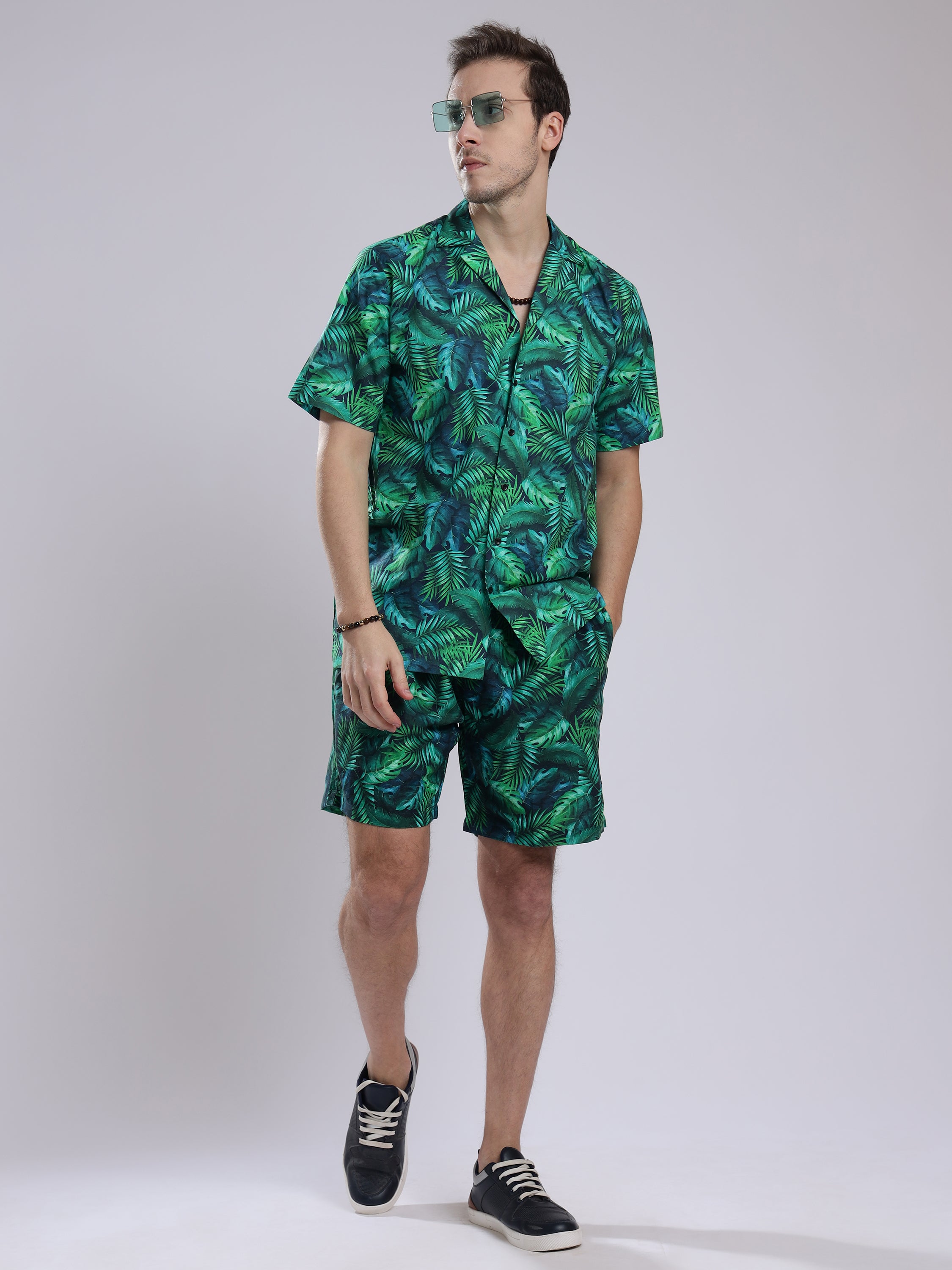 Green Leaf  Linen Men's Shorts Co-Ord Set by Brand Black Jack