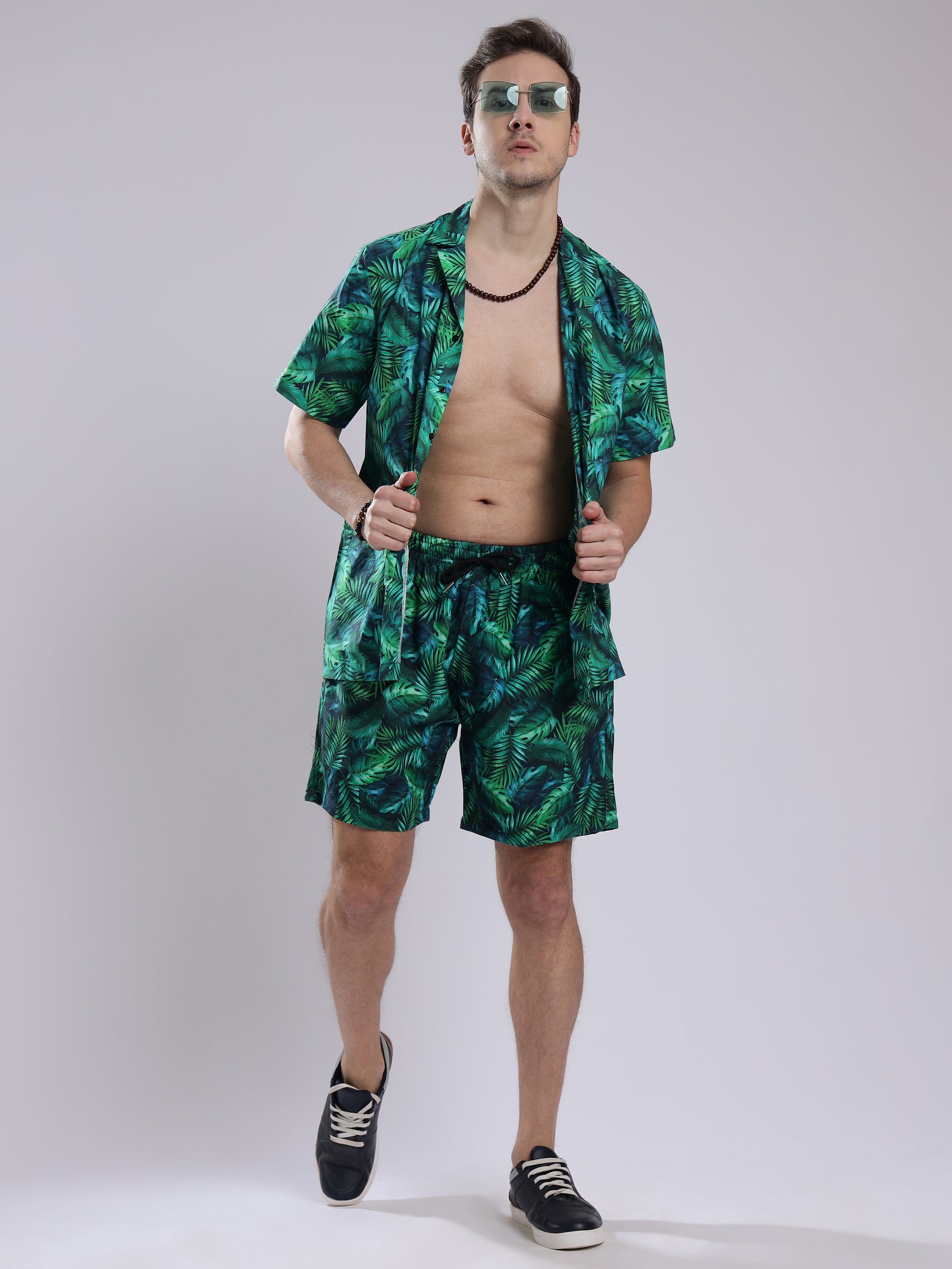 Green Leaf  Linen Men's Shorts Co-Ord Set by Brand Black Jack