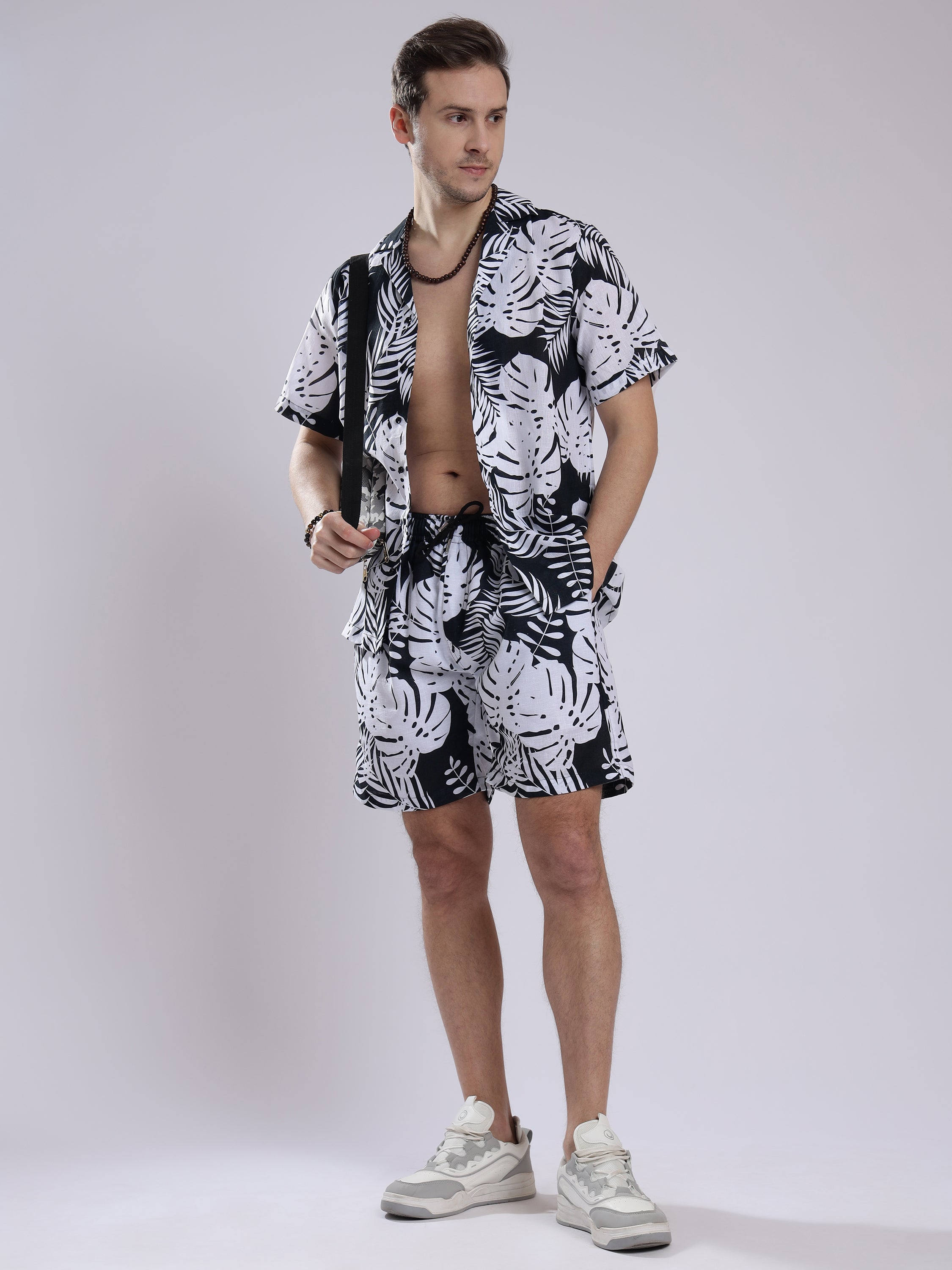 White Leaf Men Unisex Linen Men's Shorts Co-Ord Set by Brand Black Jack