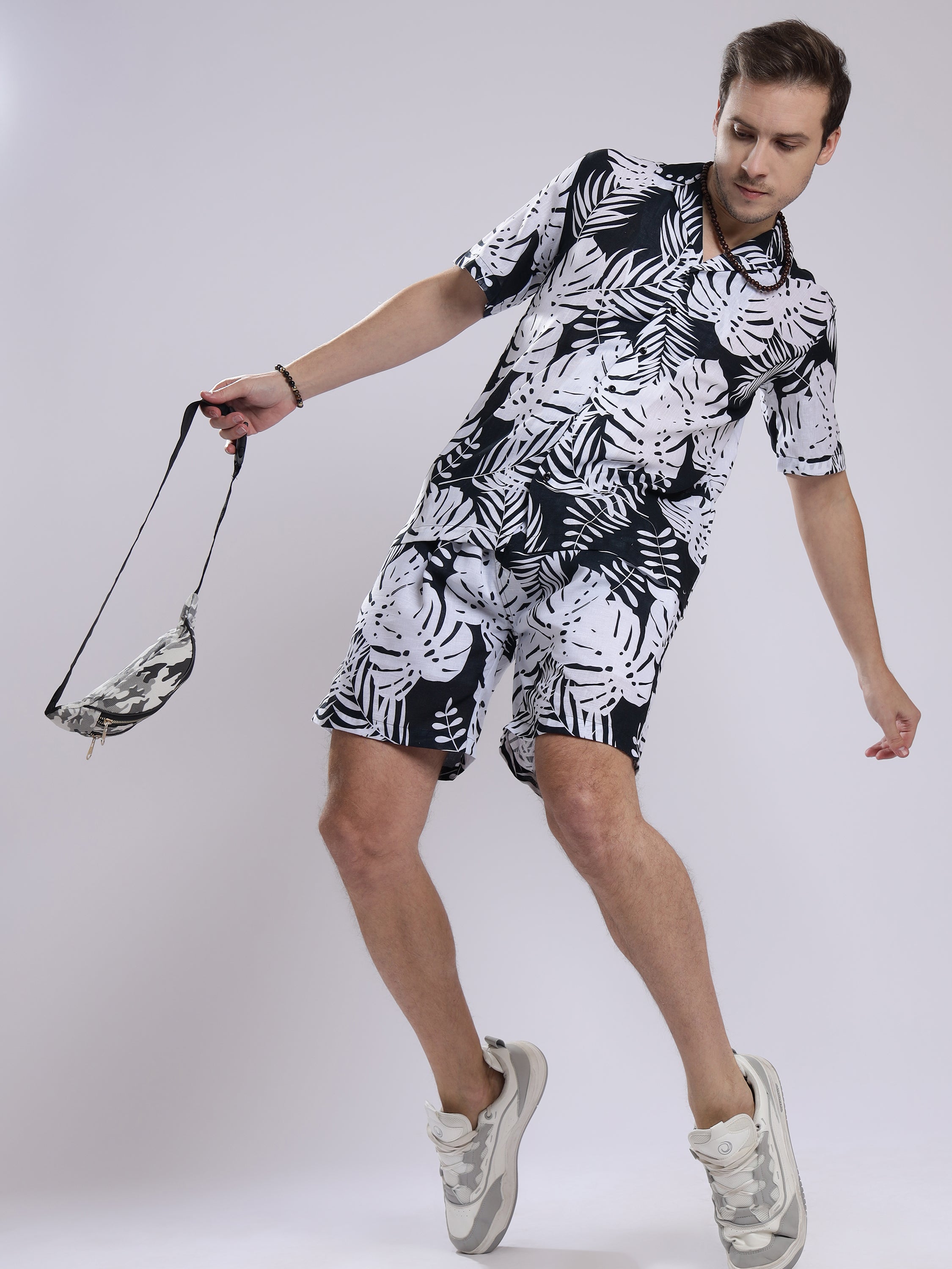 White Leaf Men Unisex Linen Men's Shorts Co-Ord Set by Brand Black Jack