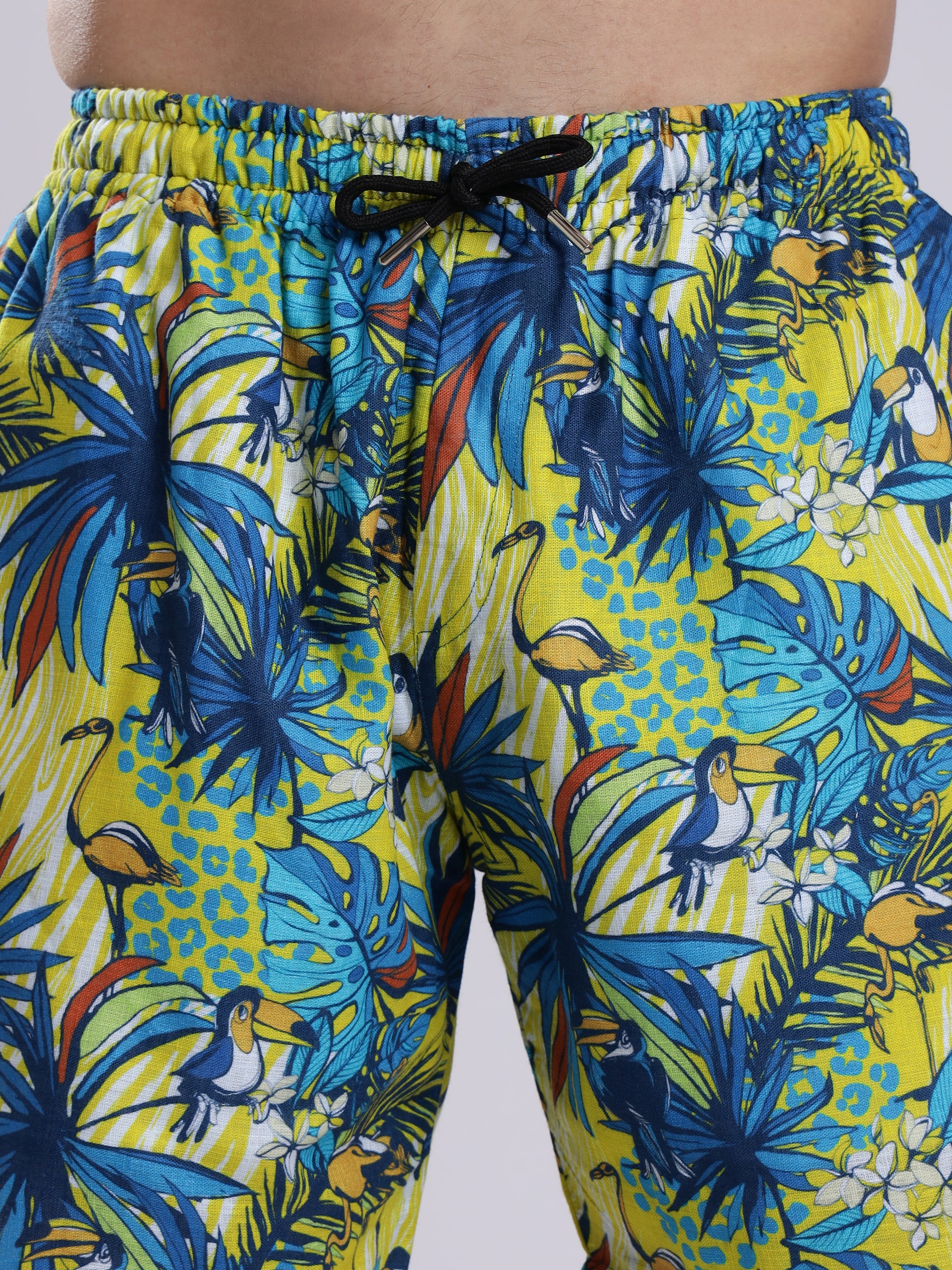 Funky Hawaiian Flamingo Leaf Linen Men's Shorts Co-Ord Set by Brand Black Jack