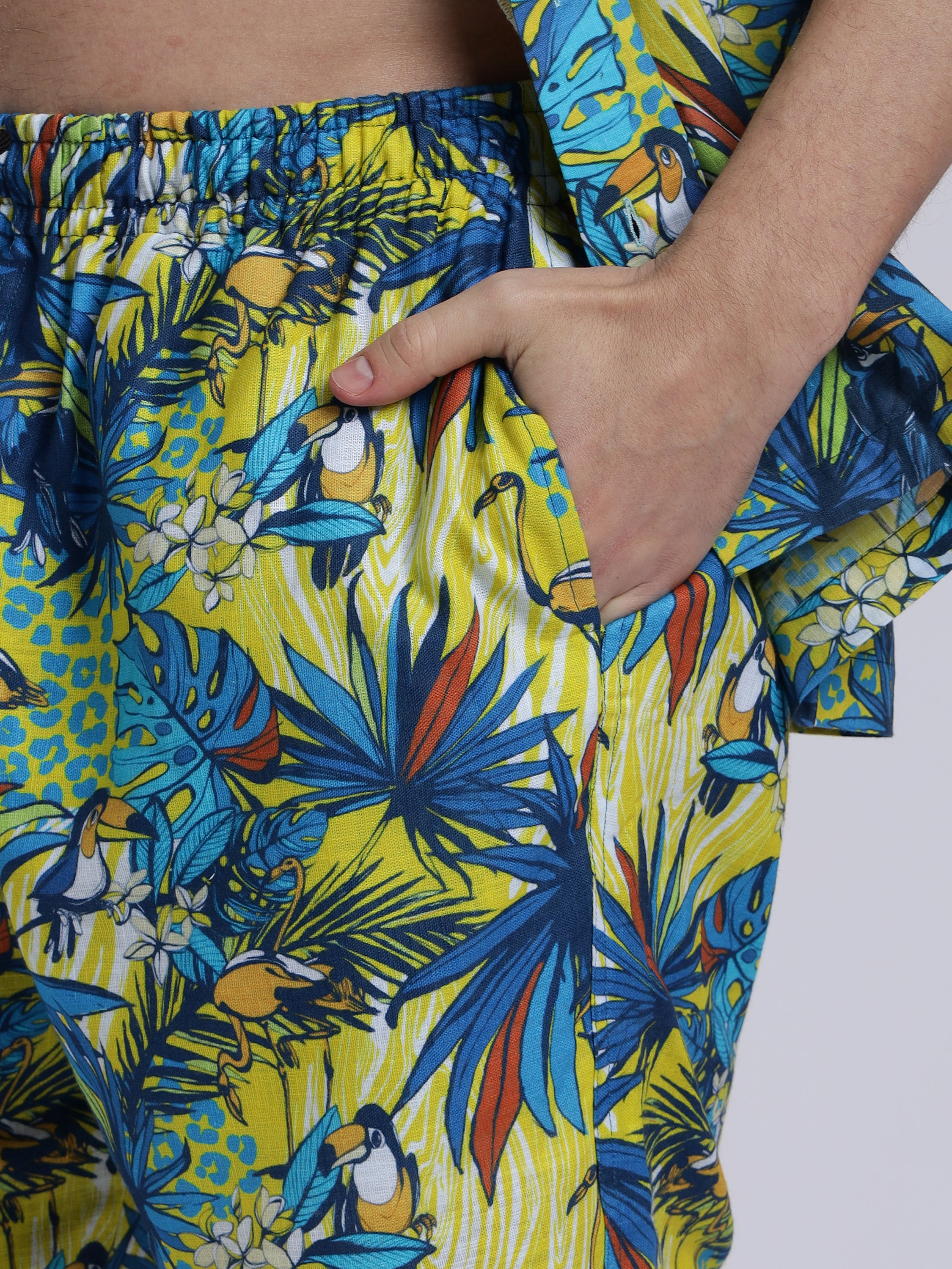 Funky Hawaiian Flamingo Leaf Linen Men's Shorts Co-Ord Set by Brand Black Jack
