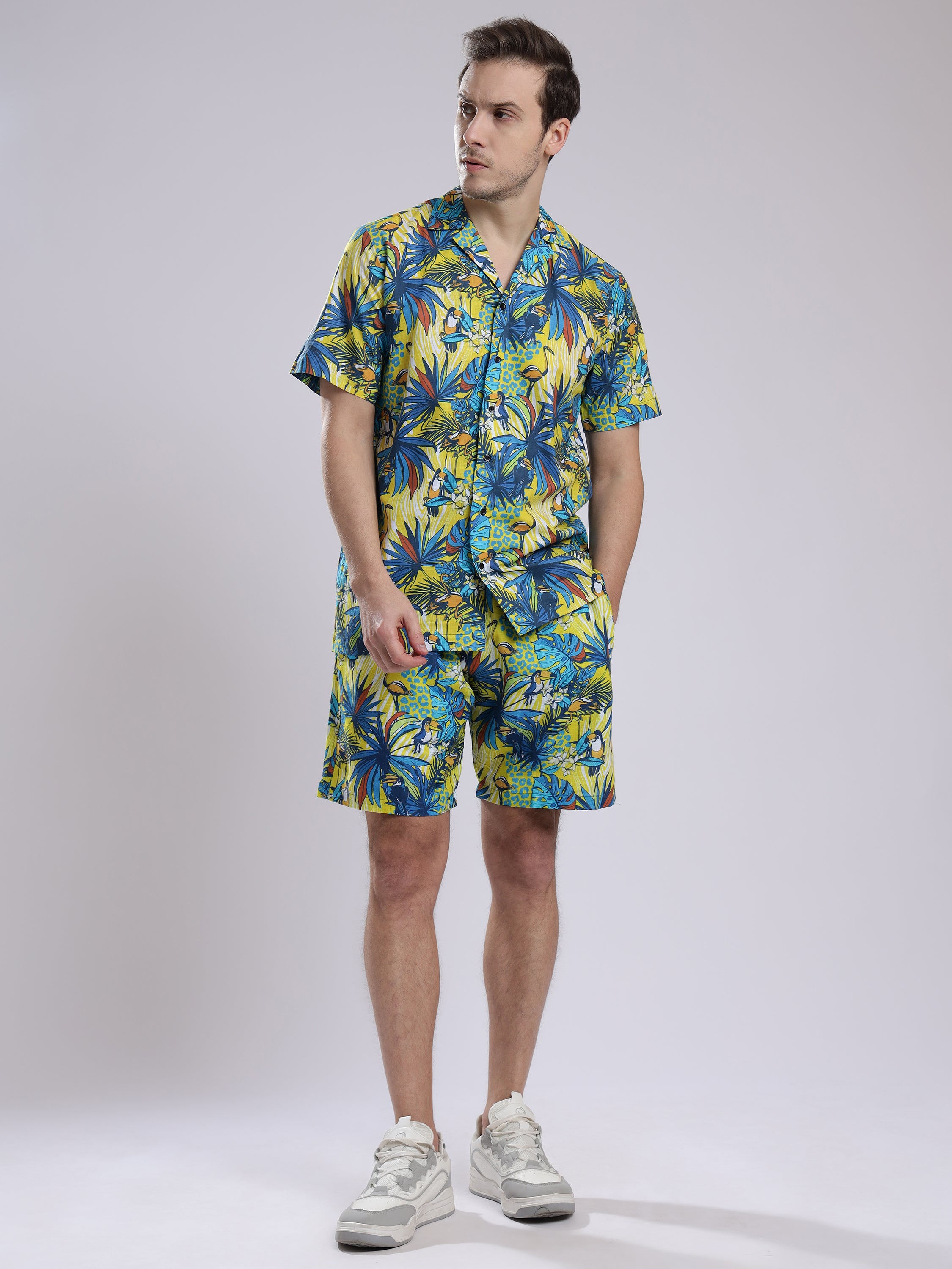 Funky Hawaiian Flamingo Leaf Linen Men's Shorts Co-Ord Set by Brand Black Jack