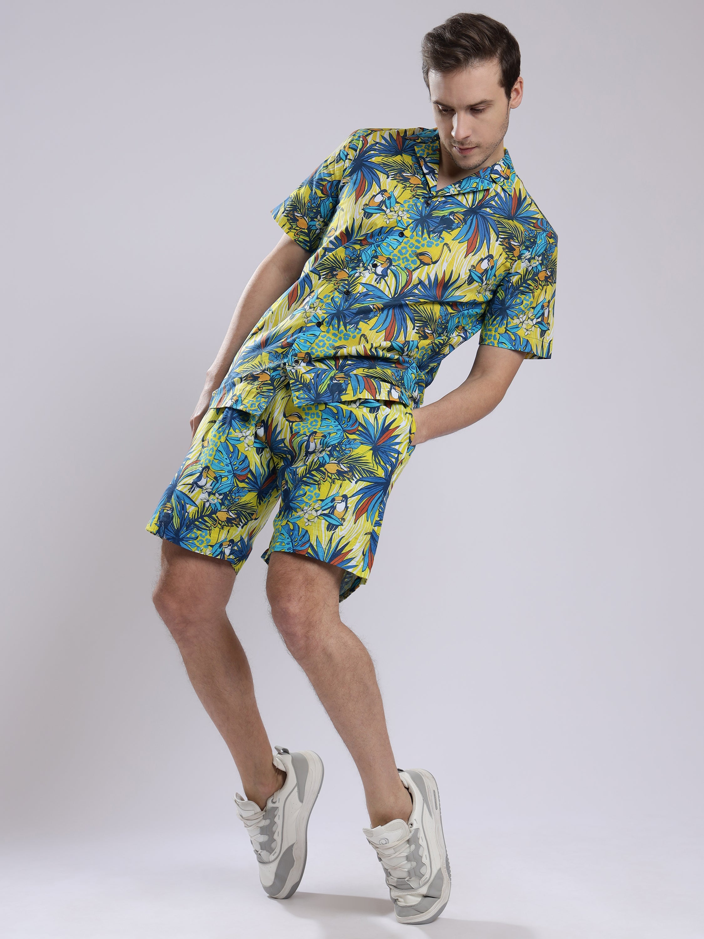 Funky Hawaiian Flamingo Leaf Linen Men's Shorts Co-Ord Set by Brand Black Jack