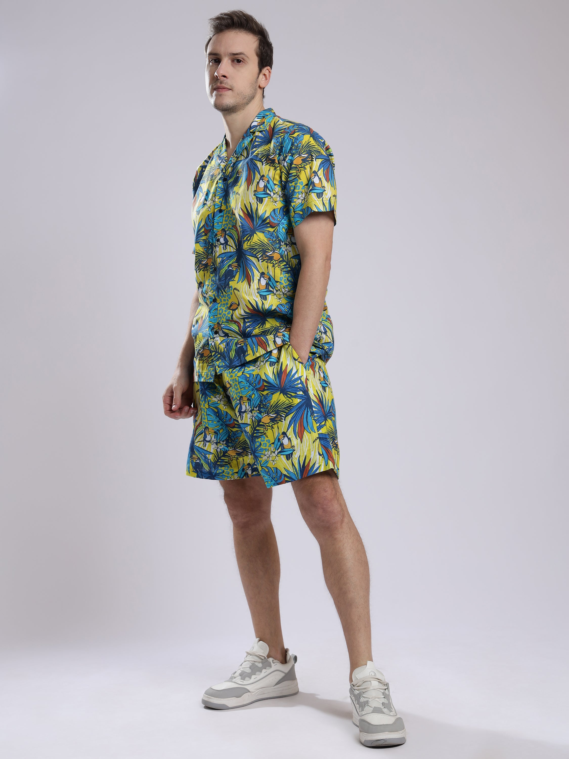 Funky Hawaiian Flamingo Leaf Linen Men's Shorts Co-Ord Set by Brand Black Jack