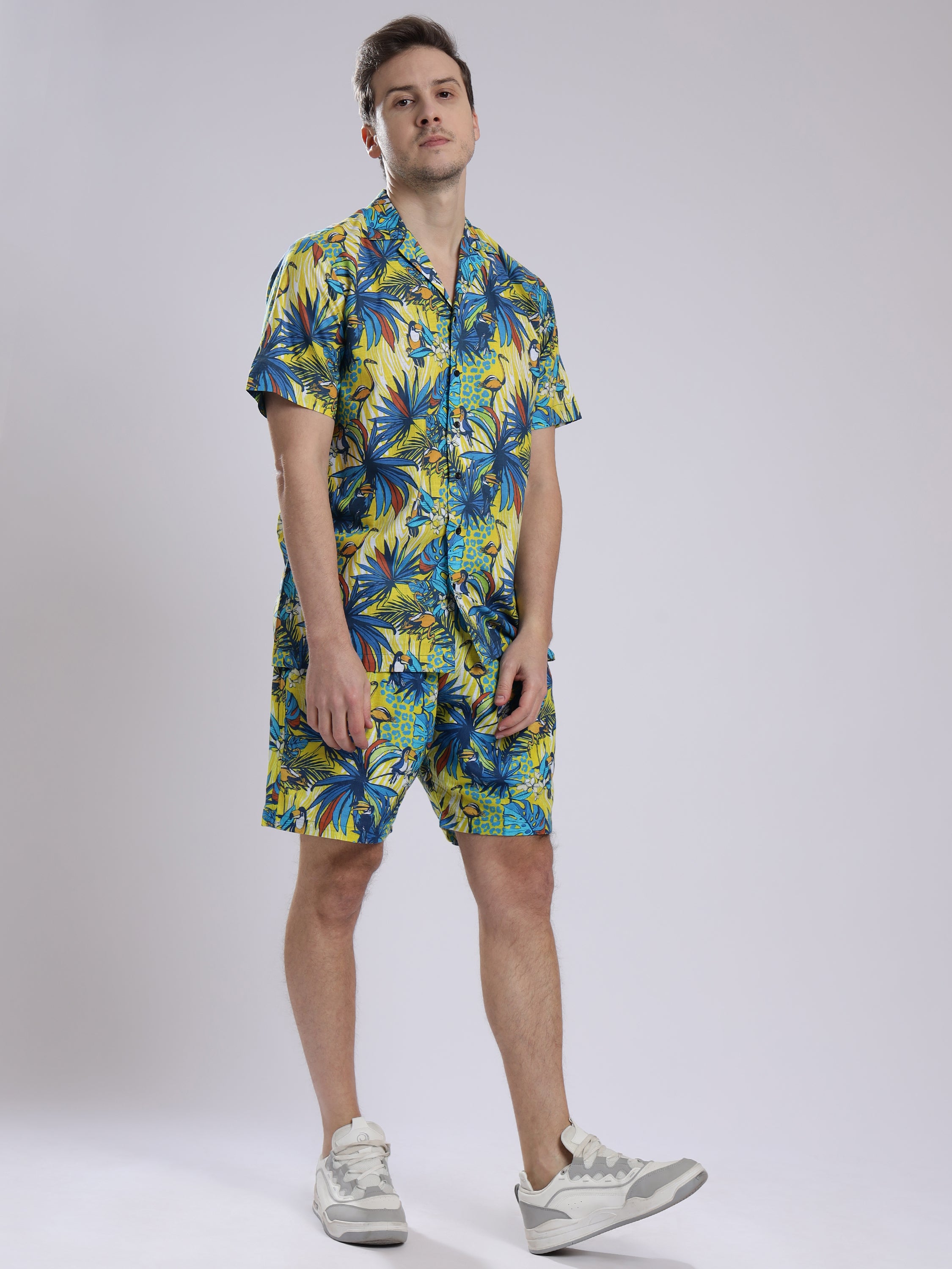 Funky Hawaiian Flamingo Leaf Linen Men's Shorts Co-Ord Set by Brand Black Jack