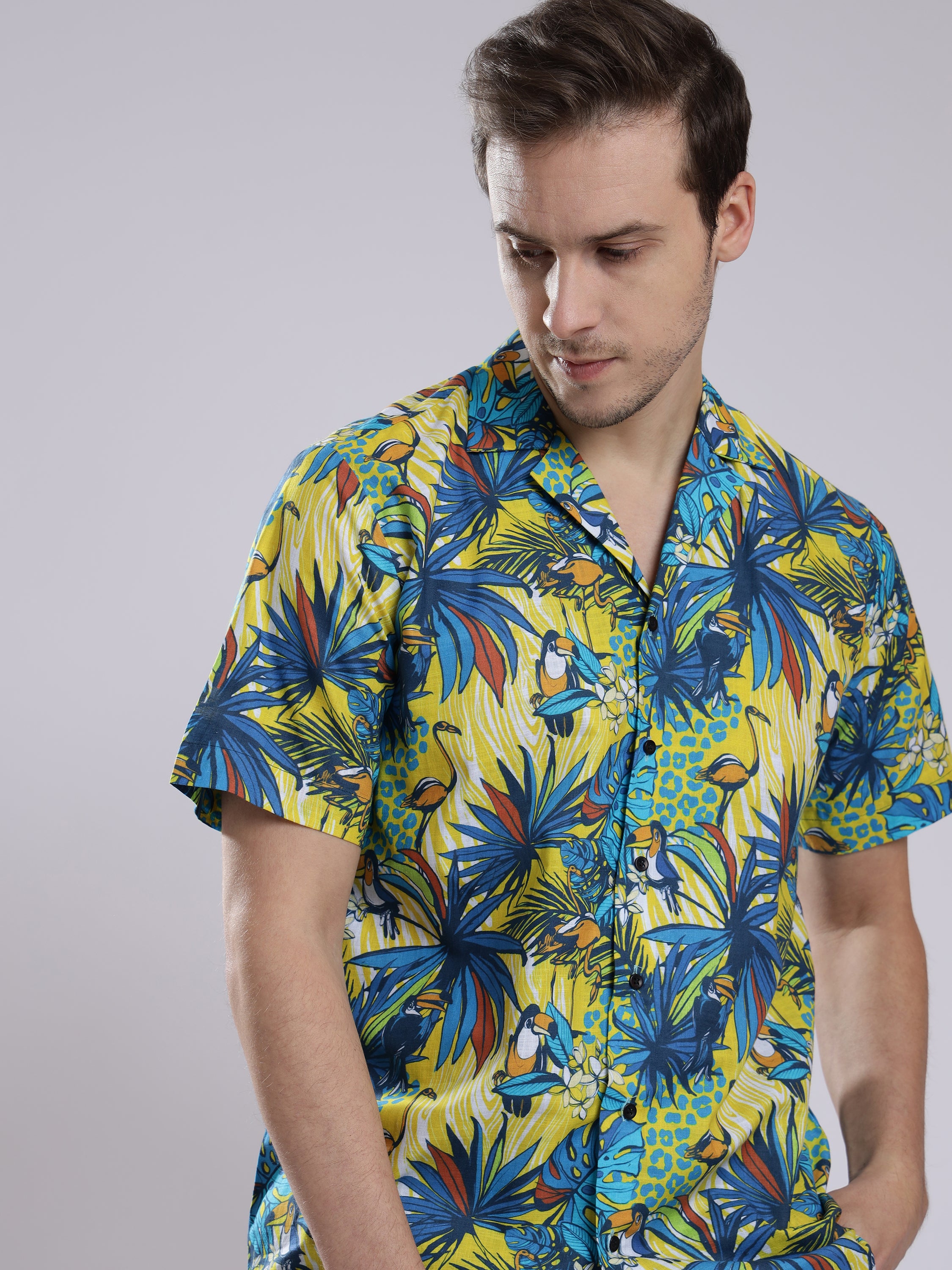 Funky Hawaiian Flamingo Leaf Linen Men's Shorts Co-Ord Set by Brand Black Jack