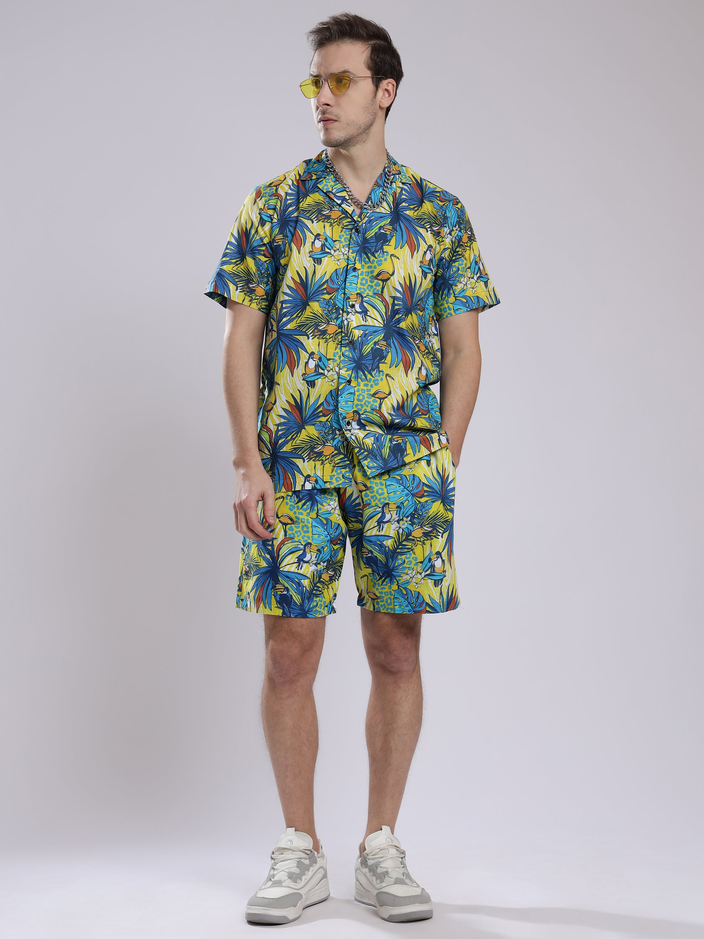 Funky Hawaiian Flamingo Leaf Linen Men's Shorts Co-Ord Set by Brand Black Jack