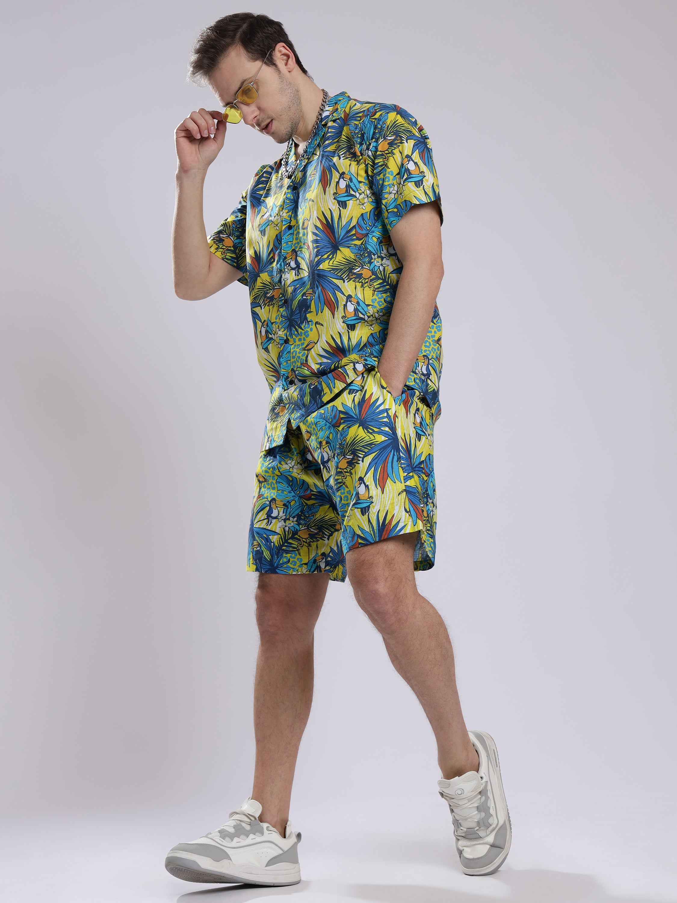 Funky Hawaiian Flamingo Leaf Linen Men's Shorts Co-Ord Set by Brand Black Jack