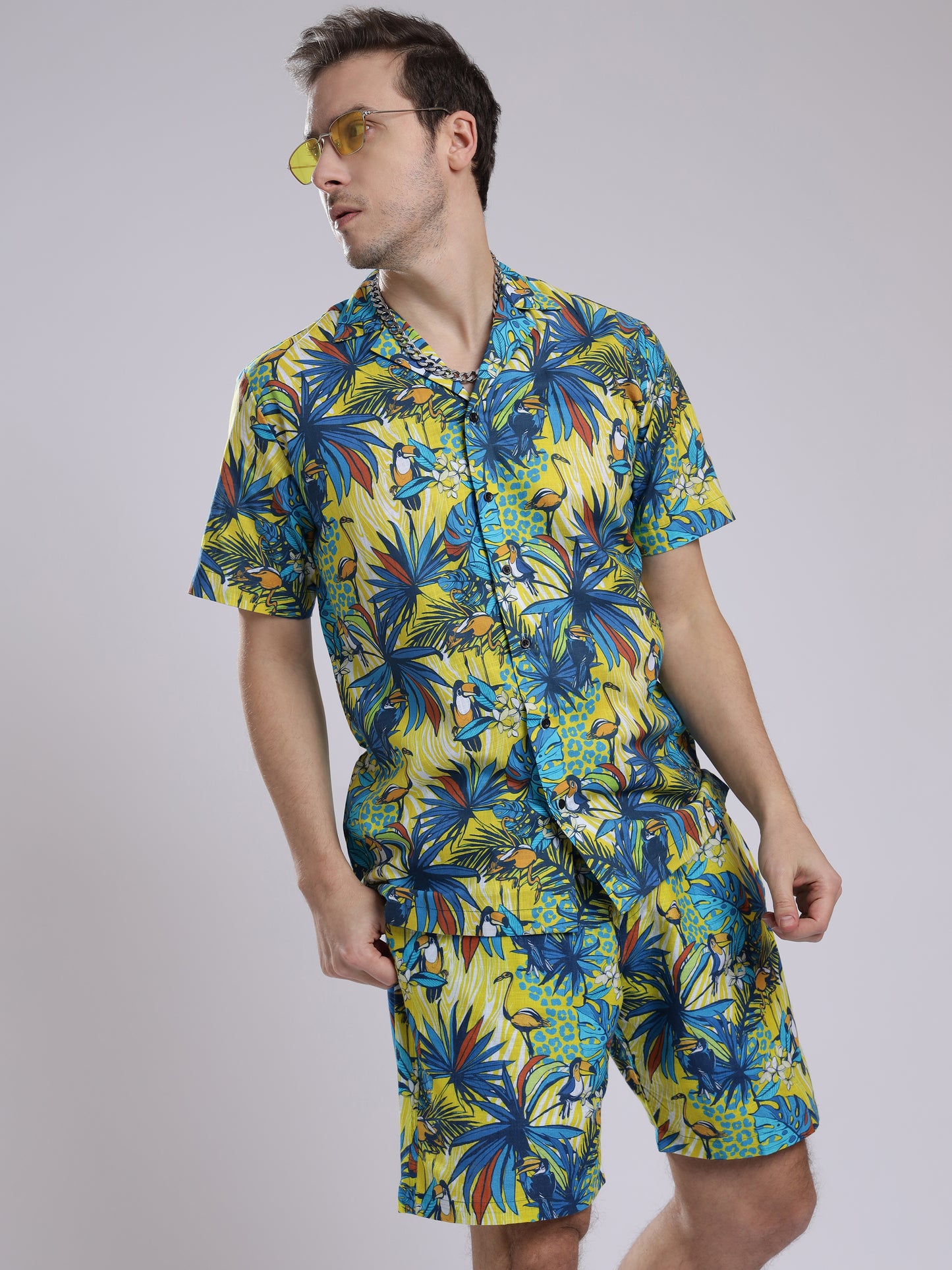 Funky Hawaiian Flamingo Leaf Linen Men's Shorts Co-Ord Set by Brand Black Jack