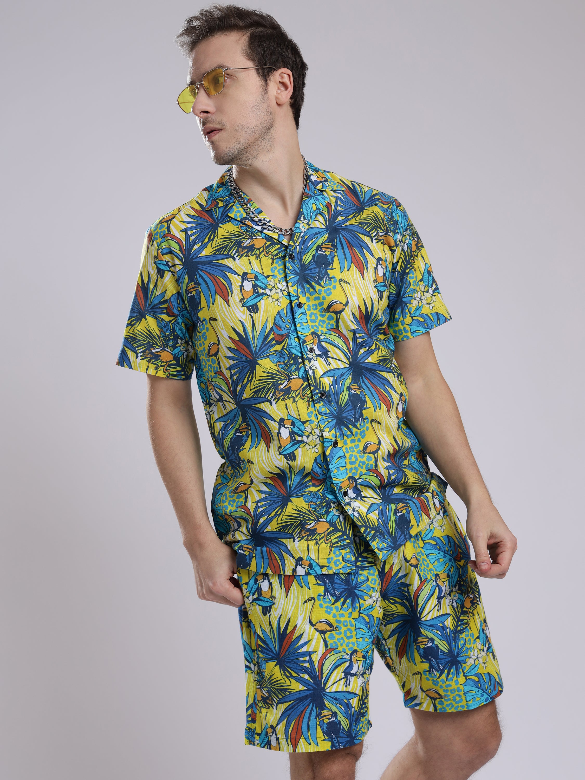 Funky Hawaiian Flamingo Leaf Linen Men's Shorts Co-Ord Set by Brand Black Jack